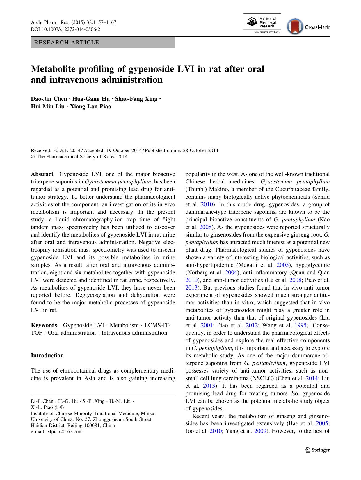 Metabolite profiling of gypenoside LVI in rat after oral and intravenous administration by Dao-Jin Chen & Hua-Gang Hu & Shao-Fang Xing & Hui-Min Liu & Xiang-Lan Piao