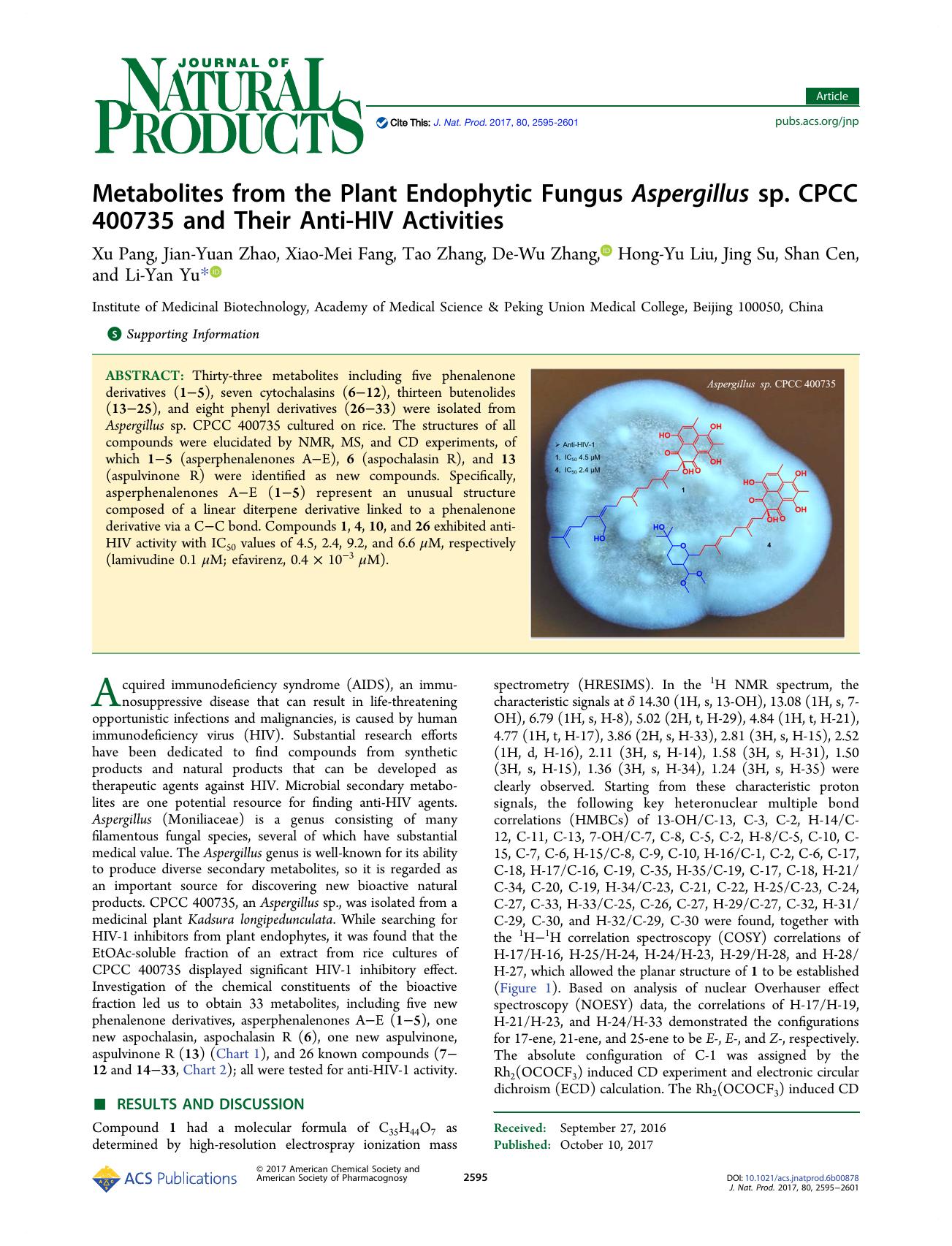 Metabolites from the Plant Endophytic Fungus Aspergillus sp. CPCC 400735 and Their Anti-HIV Activities by unknow