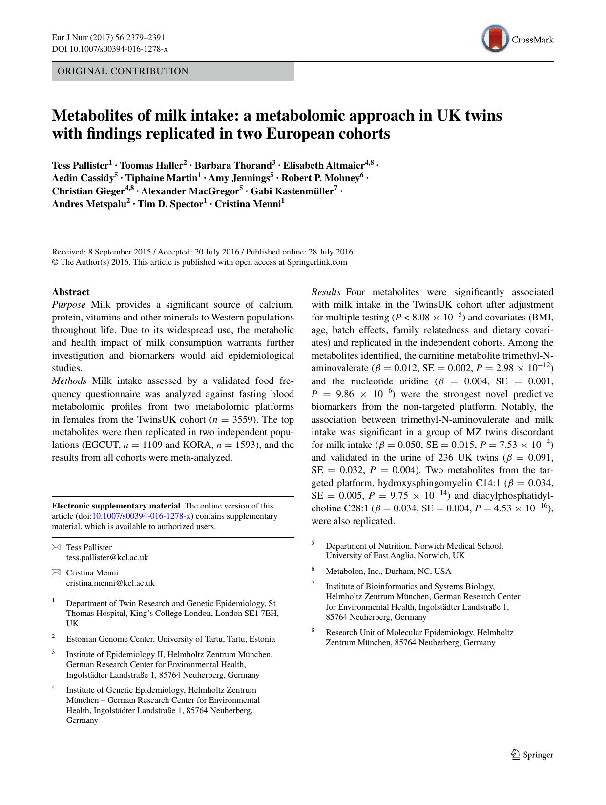 Metabolites of milk intake: a metabolomic approach in UK twins with findings replicated in two European cohorts by unknow