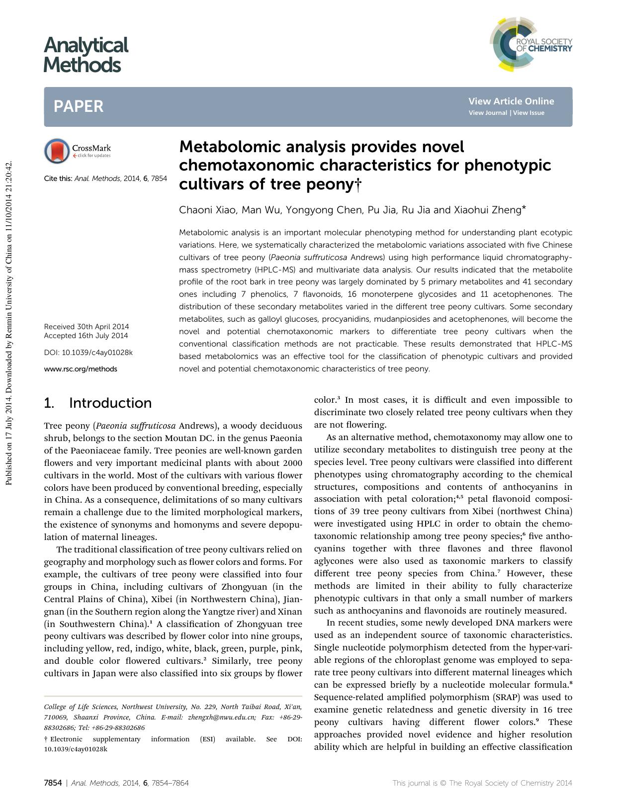 Metabolomic analysis provides novel chemotaxonomic characteristics for phenotypic cultivars of tree peony by Chaoni Xiao & Man Wu & Yongyong Chen & Pu Jia & Ru Jia & Xiaohui Zheng
