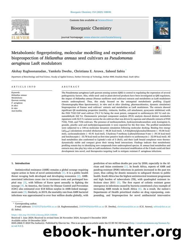 Metabolomic fingerprinting, molecular modelling and experimental bioprospection of Helianthus annuus seed cultivars as Pseudomonas aeruginosa LasR modulators by Akshay Raghoonanadan & Yamkela Dweba & Christiana E. Aruwa & Saheed Sabiu