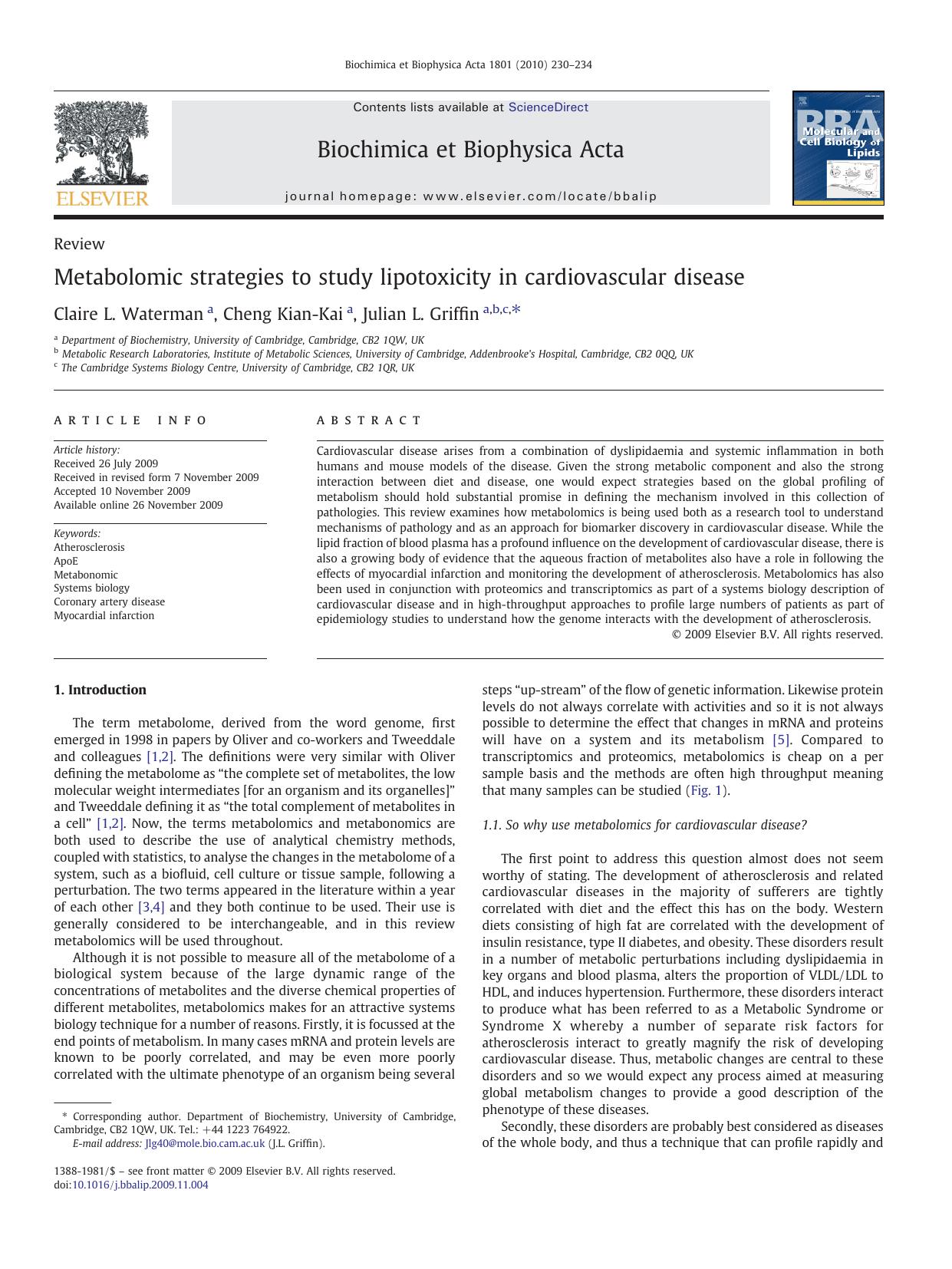 Metabolomic strategies to study lipotoxicity in cardiovascular disease by Claire L. Waterman; Cheng Kian-Kai; Julian L. Griffin