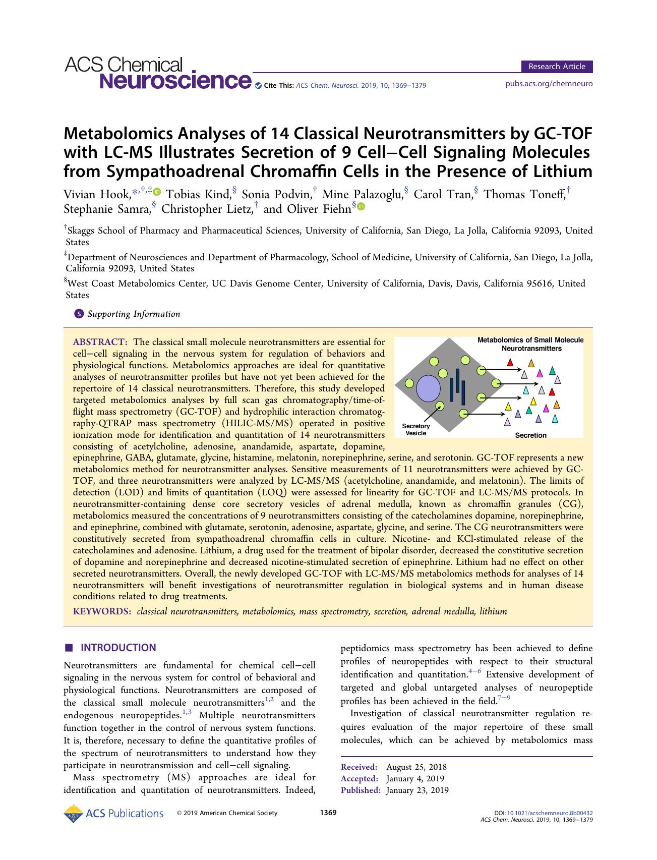 Metabolomics Analyses of 14 Classical Neurotransmitters by GC-TOF with LC-MS Illustrates Secretion of 9 CellâCell Signaling Molecules from Sympathoadrenal Chromaffin Cells in the Presence of Lithium by unknow