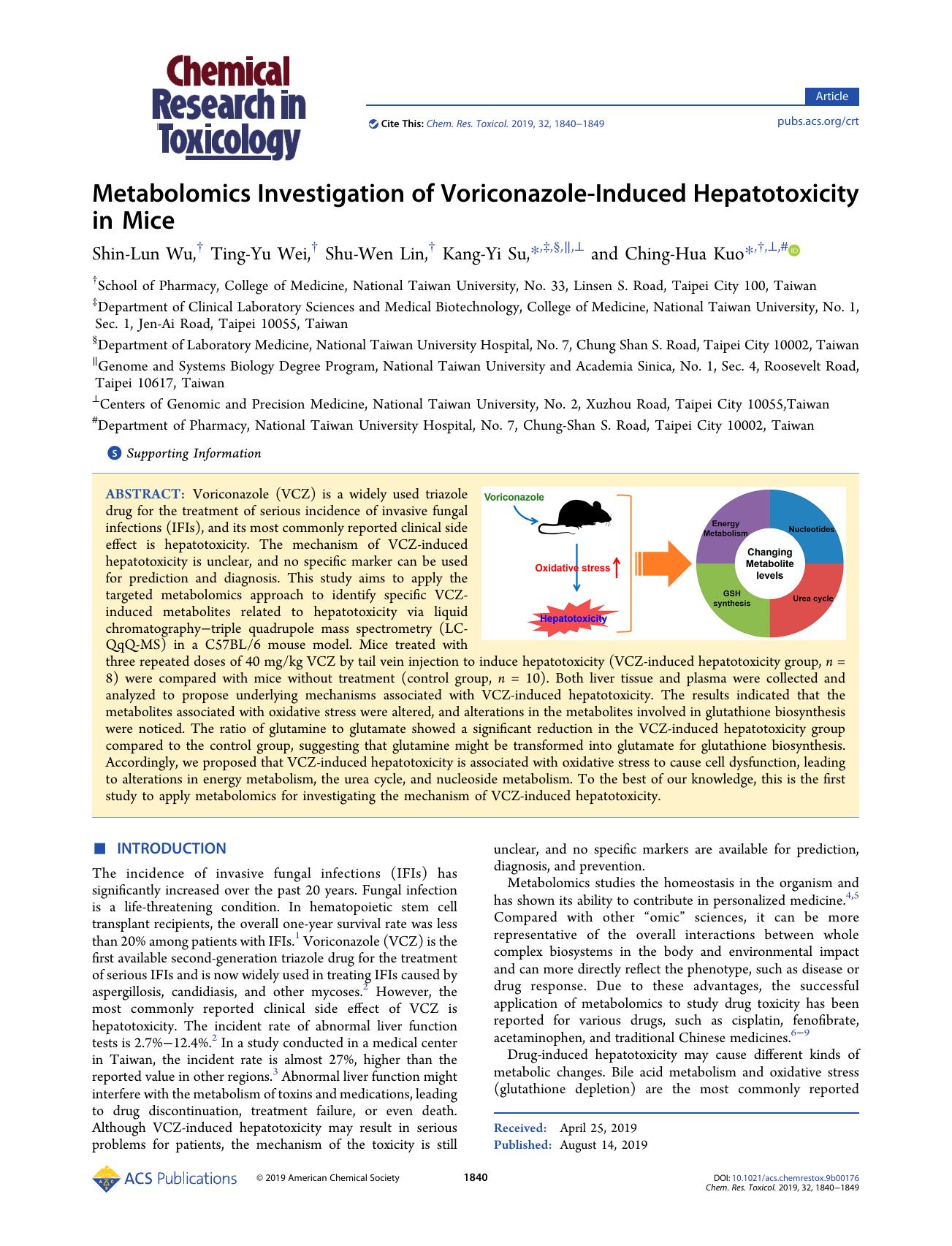 Metabolomics Investigation of Voriconazole-Induced Hepatotoxicity in Mice by Shin-Lun Wu Ting-Yu Wei Shu-Wen Lin Kang-Yi Su and Ching-Hua Kuo