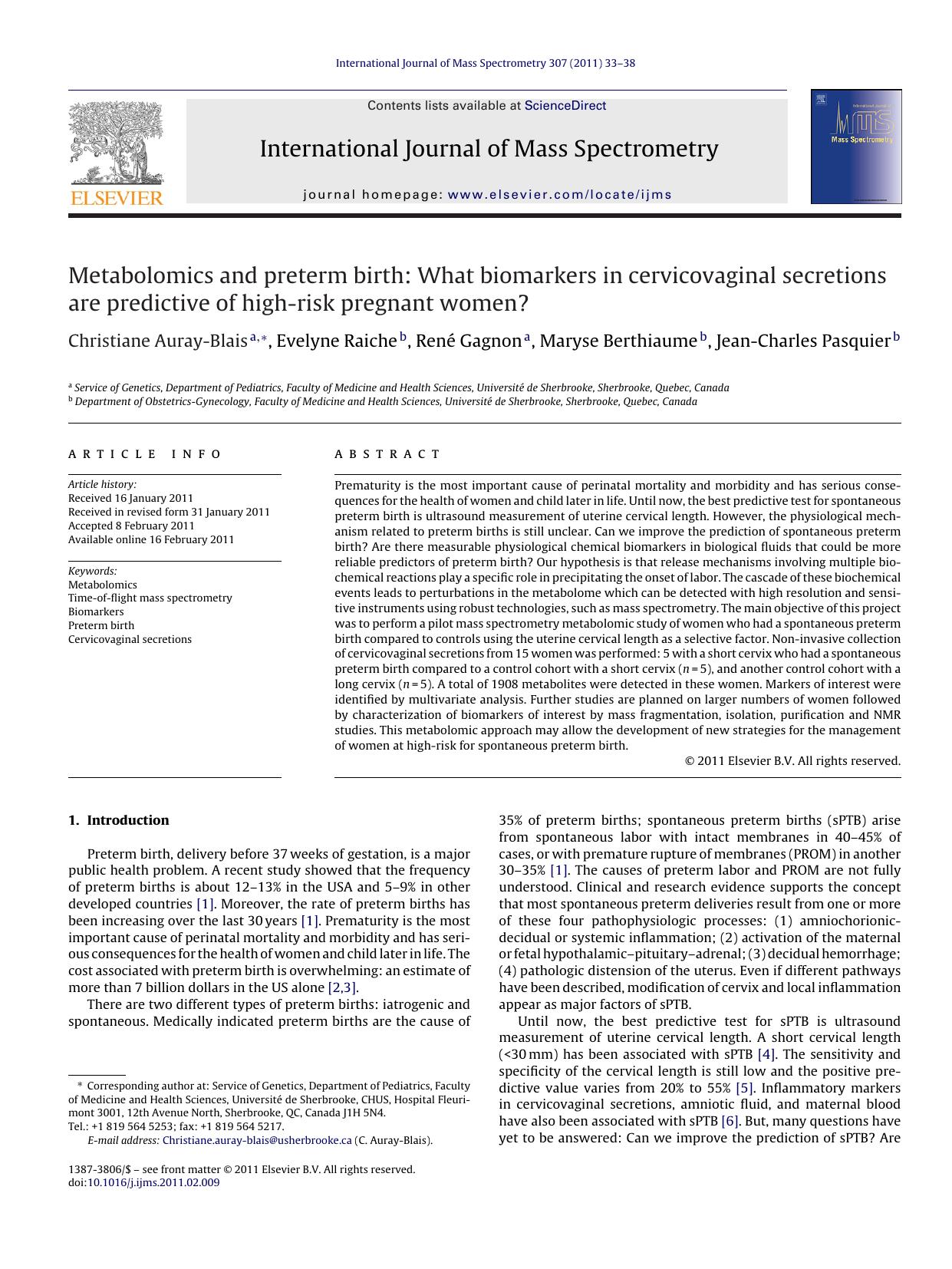 Metabolomics and preterm birth: What biomarkers in cervicovaginal secretions are predictive of high-risk pregnant women? by Christiane Auray-Blais
