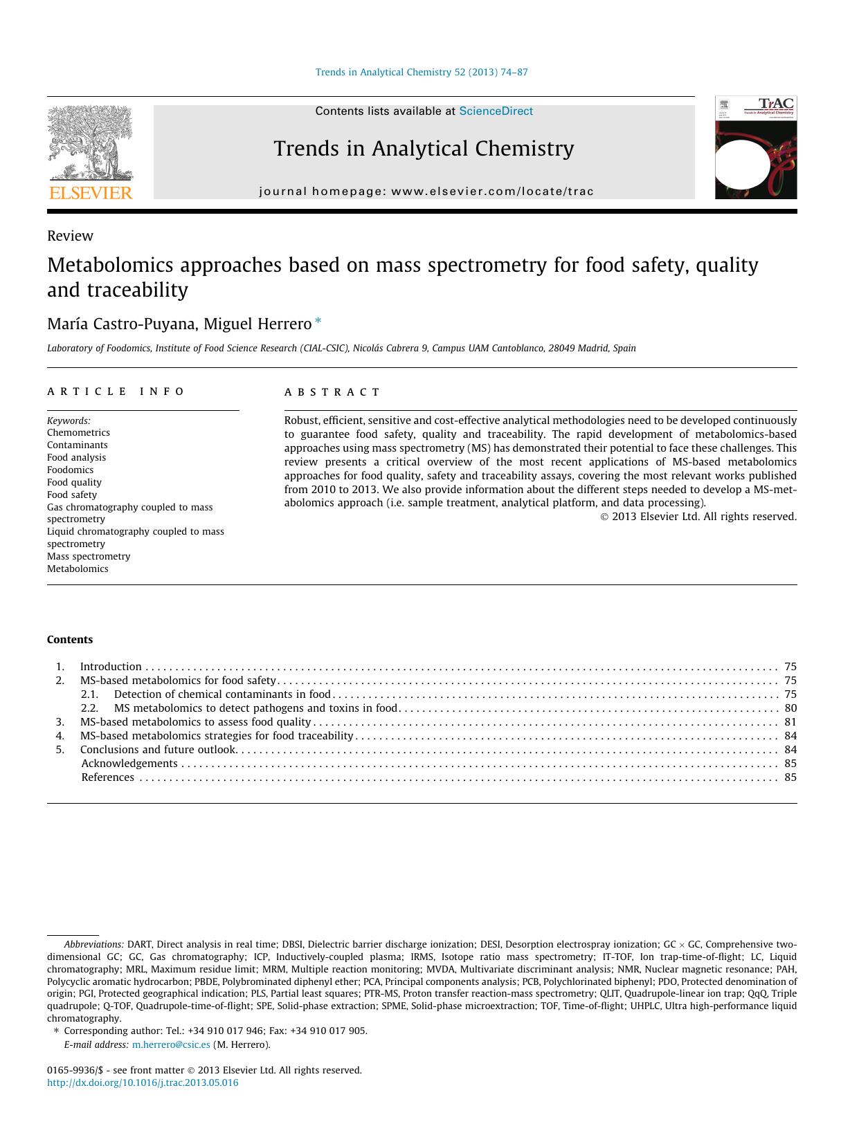 Metabolomics approaches based on mass spectrometry for food safety, quality and traceability by MarÃ­a Castro-Puyana & Miguel Herrero