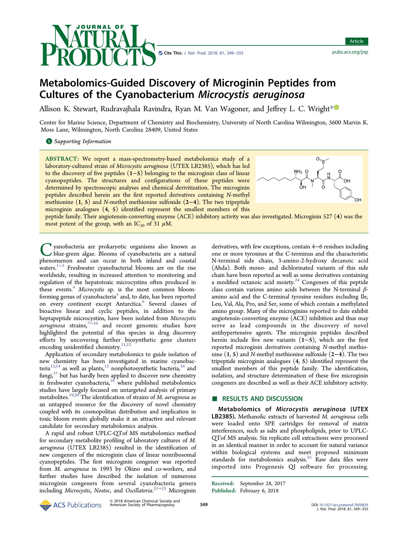 Metabolomics-Guided Discovery of Microginin Peptides from Cultures of the Cyanobacterium Microcystis aeruginosa by Allison K. Stewart Rudravajhala Ravindra Ryan M. Van Wagoner & Jeffrey L. C. Wright