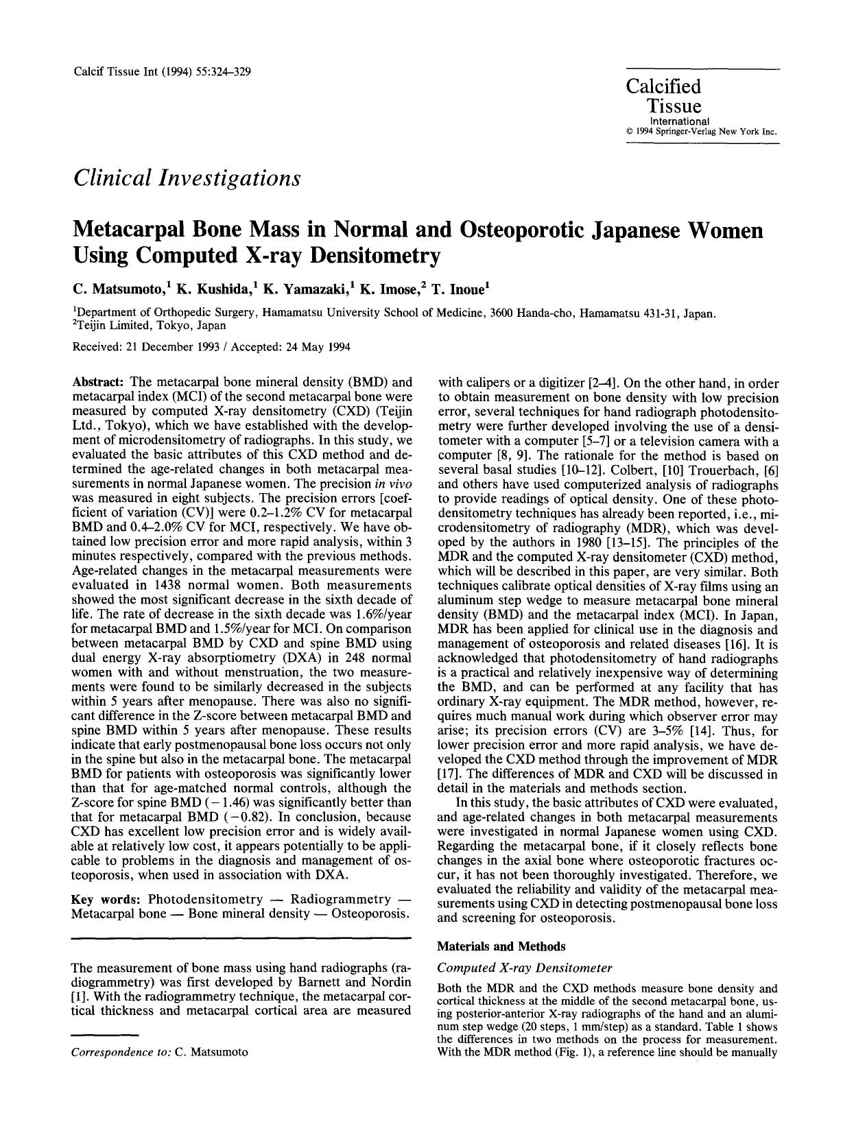 Metacarpal bone mass in normal and osteoporotic Japanese women using computed X-ray densitometry by Unknown