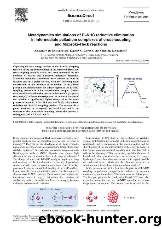Metadynamics simulations of RâNHC reductive elimination in intermediate palladium complexes of cross-coupling and MizorokiâHeck reactions by Alexander Yu. Kostyukovich & Evgeniy G. Gordeev & Valentine P. Ananikov