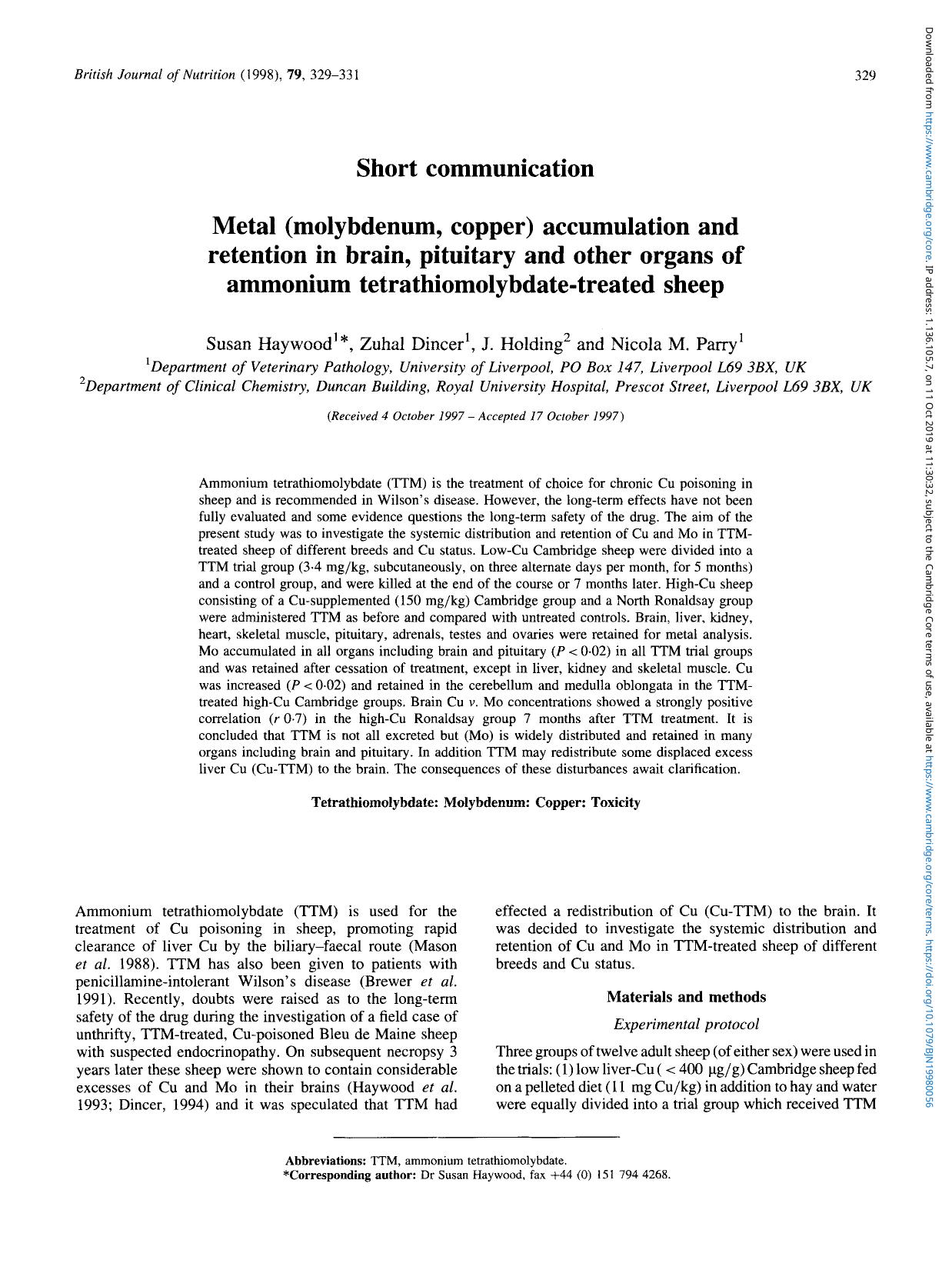 Metal (molybdenum, copper) accumulation and retention in brain, pituitary and other organs of ammonium tetrathiomolybdate-treated sheep by Susan Haywood Zuhal Dincer J. Holding & Nicola M. Parry