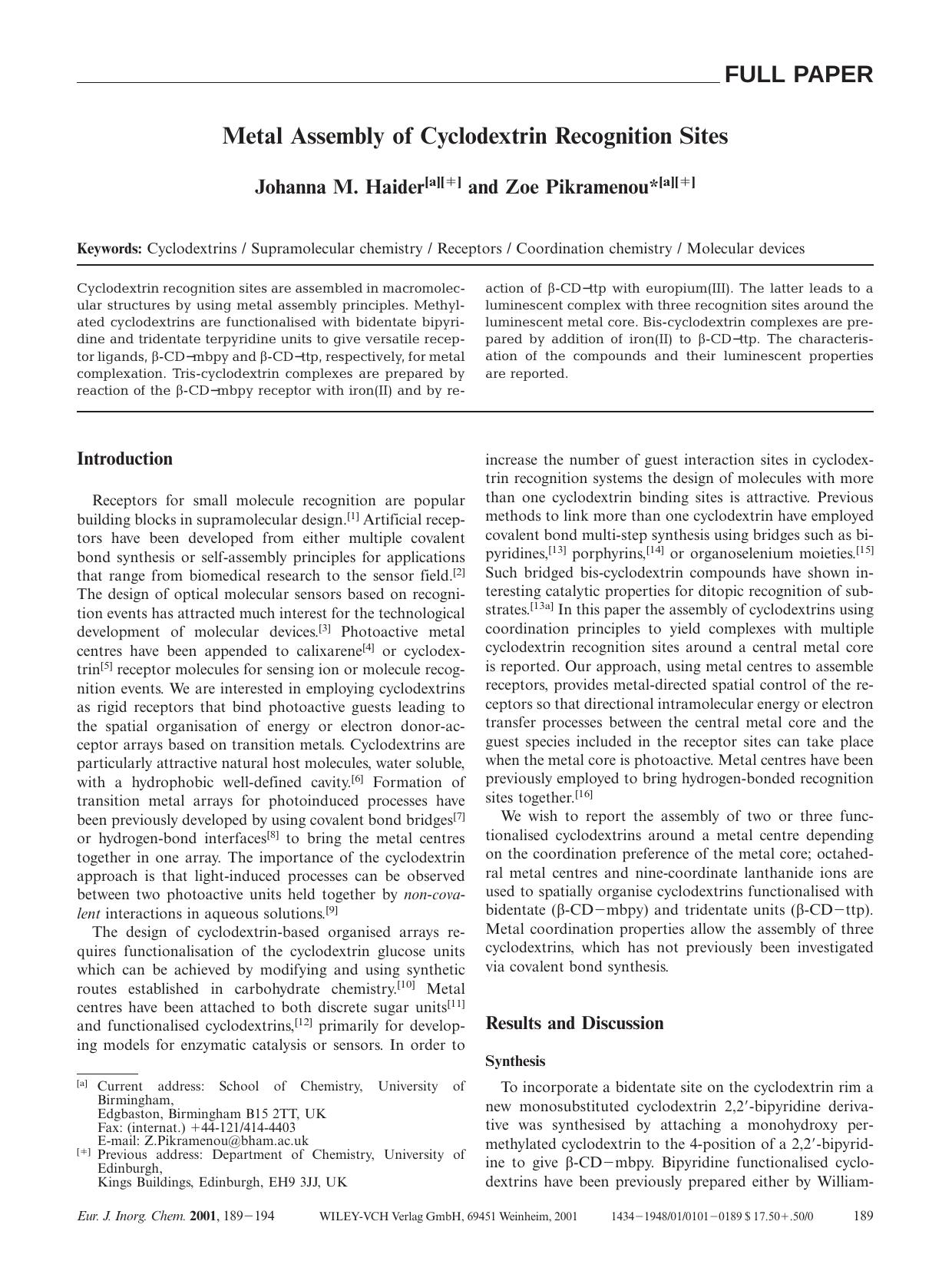 Metal Assembly of Cyclodextrin Recognition Sites by Unknown