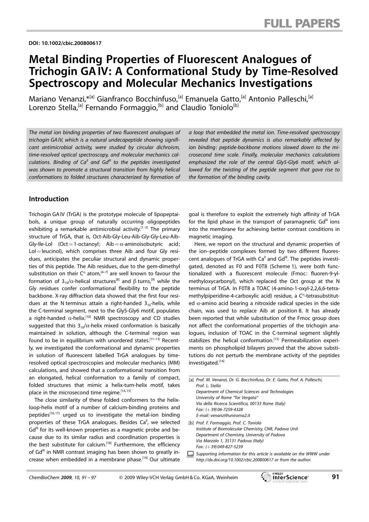 Metal Binding Properties of Fluorescent Analogues of Trichogin GA[thinsp]IV: A Conformational Study by Time-Resolved Spectroscopy and Molecular Mechanics Investigations by Unknown