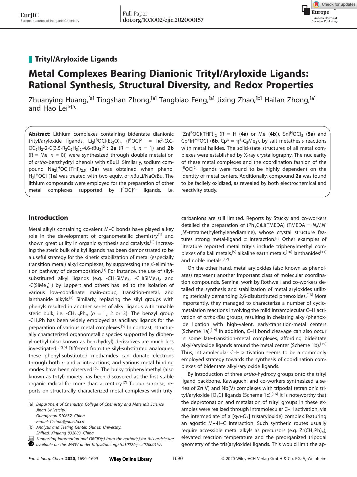 Metal Complexes Bearing Dianionic TritylAryloxide Ligands: Rational Synthesis, Structural Diversity, and Redox Properties by Unknown