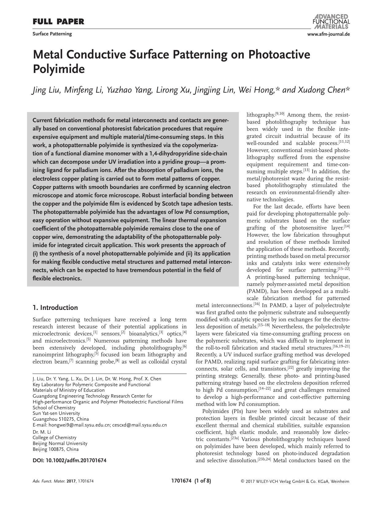 Metal Conductive Surface Patterning on Photoactive Polyimide by Unknown