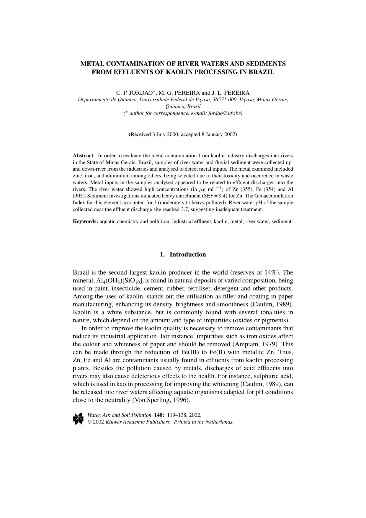 Metal Contamination of River Waters and Sediments from Effluents of Kaolin Processing in Brazil by Unknown