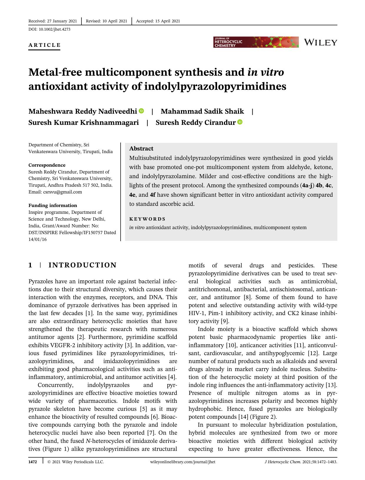Metal Free Multicomponent Synthesis and In vitro Antioxidant Activity of Indolylpyrazolopyrimidines by Unknown