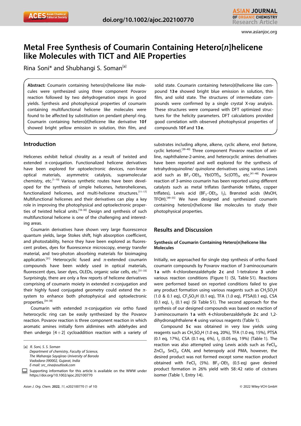Metal Free Synthesis of Coumarin Containing Hetero[n]helicene like Molecules with TICT and AIE Properties by Unknown