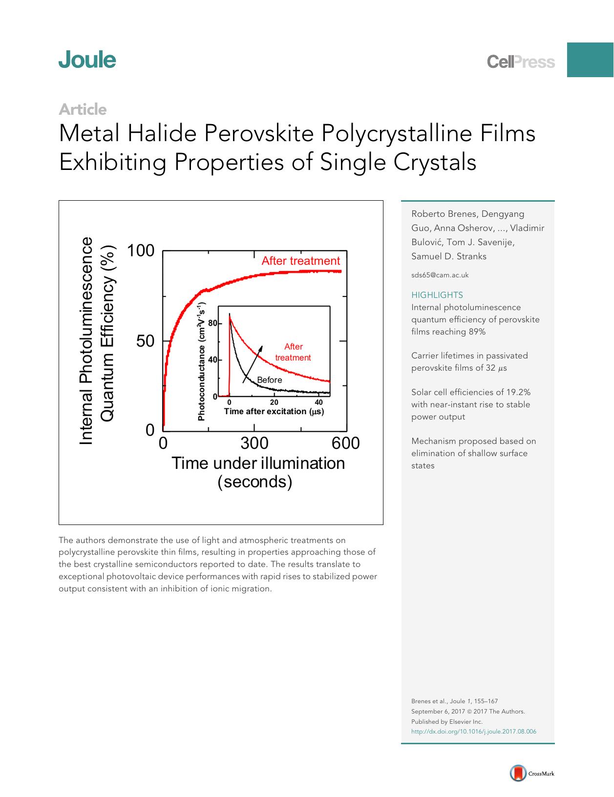 Metal Halide Perovskite Polycrystalline Films Exhibiting Properties of Single Crystals by unknow