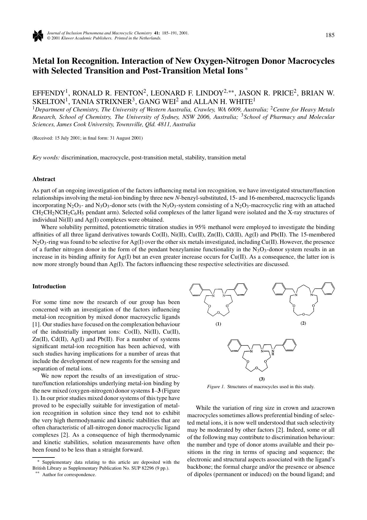 Metal Ion Recognition. Interaction of New Oxygen-Nitrogen Donor Macrocycles with Selected Transition and Post-Transition Metal Ions by Unknown