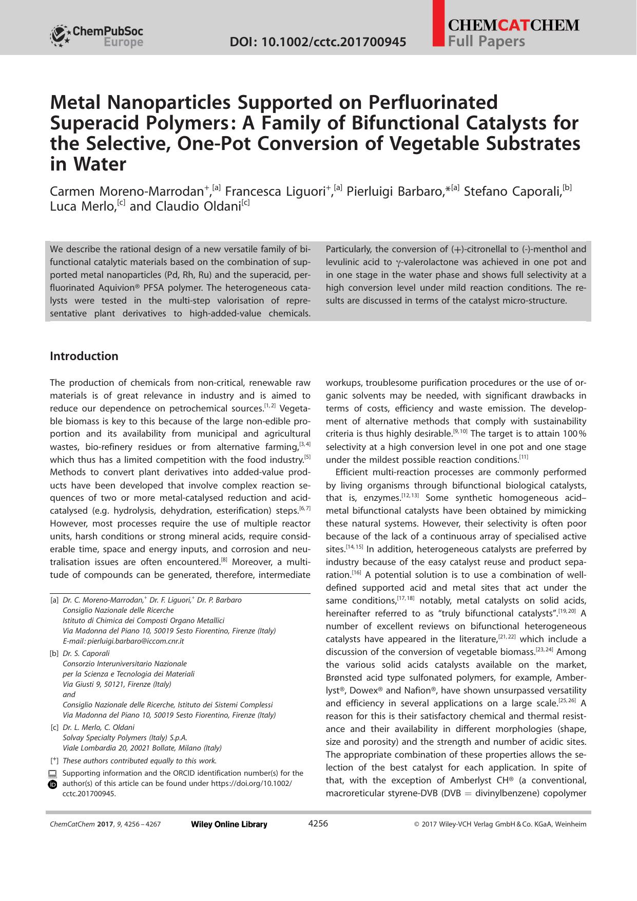 Metal Nanoparticles Supported on Perfluorinated Superacid Polymers: A Family of Bifunctional Catalysts for the Selective, OneâPot Conversion of Vegetable Substrates in Water by Unknown