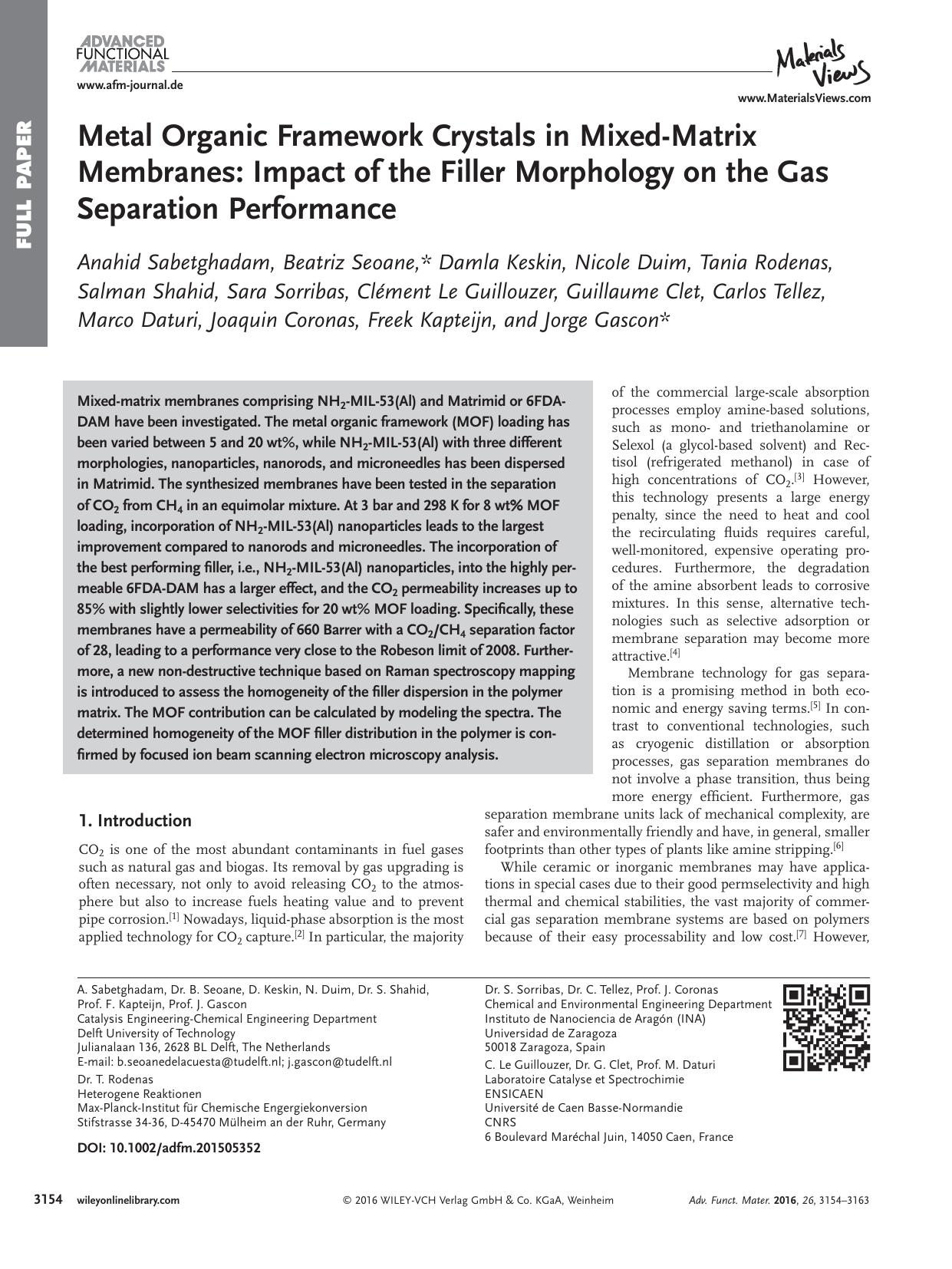 Metal Organic Framework Crystals in Mixed‐Matrix Membranes: Impact of the Filler Morphology on the Gas Separation Performance by Unknown