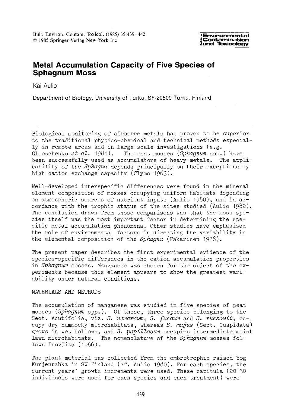 Metal accumulation capacity of five species of Sphagnum moss by Unknown