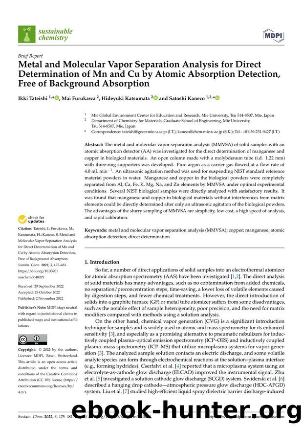 Metal and Molecular Vapor Separation Analysis for Direct Determination of Mn and Cu by Atomic Absorption Detection, Free of Background Absorption by Ikki Tateishi Mai Furukawa Hideyuki Katsumata & Satoshi Kaneco