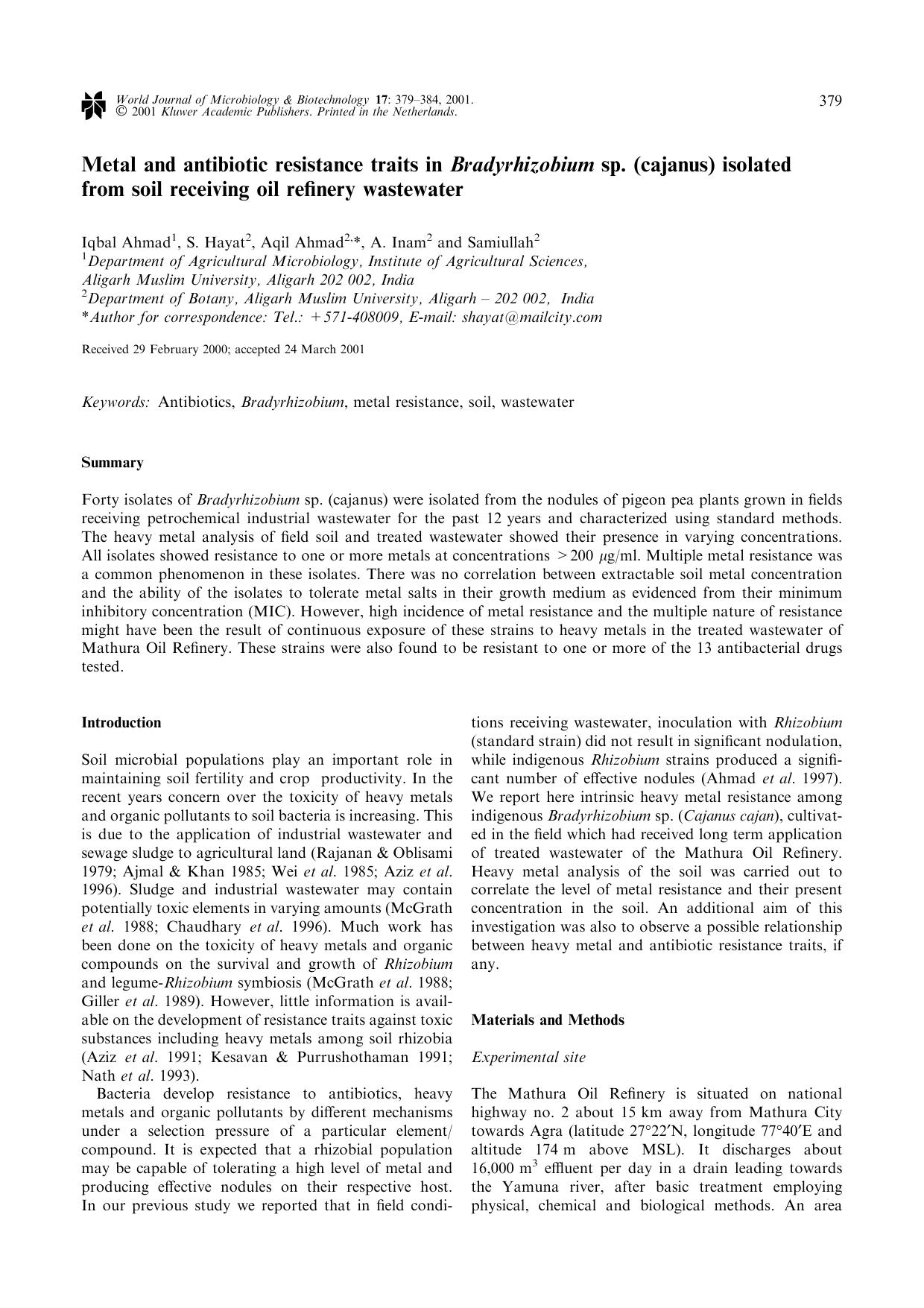 Metal and antibiotic resistance traits in Bradyrhizobium sp. (cajanus) isolated from soil receiving oil refinery wastewater by Unknown