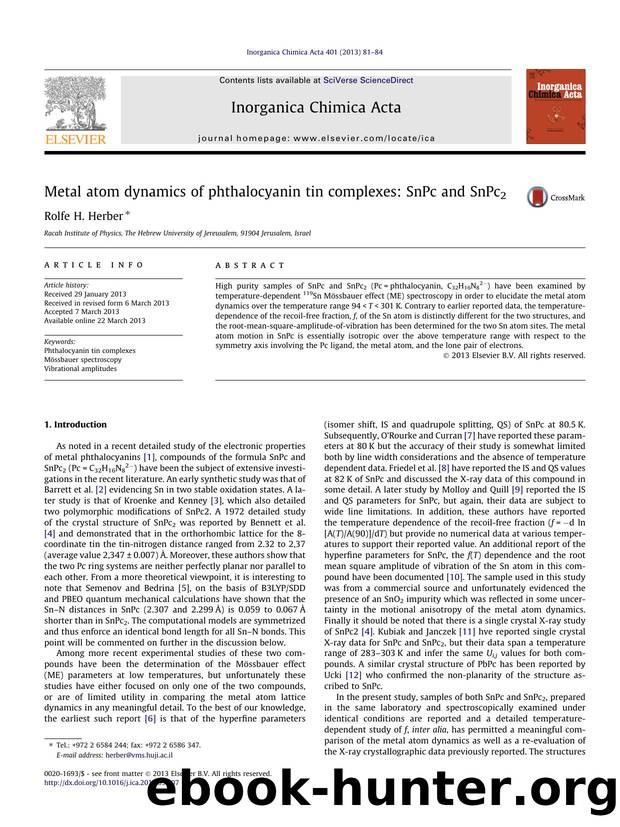 Metal atom dynamics of phthalocyanin tin complexes: SnPc and SnPc2 by Rolfe H. Herber