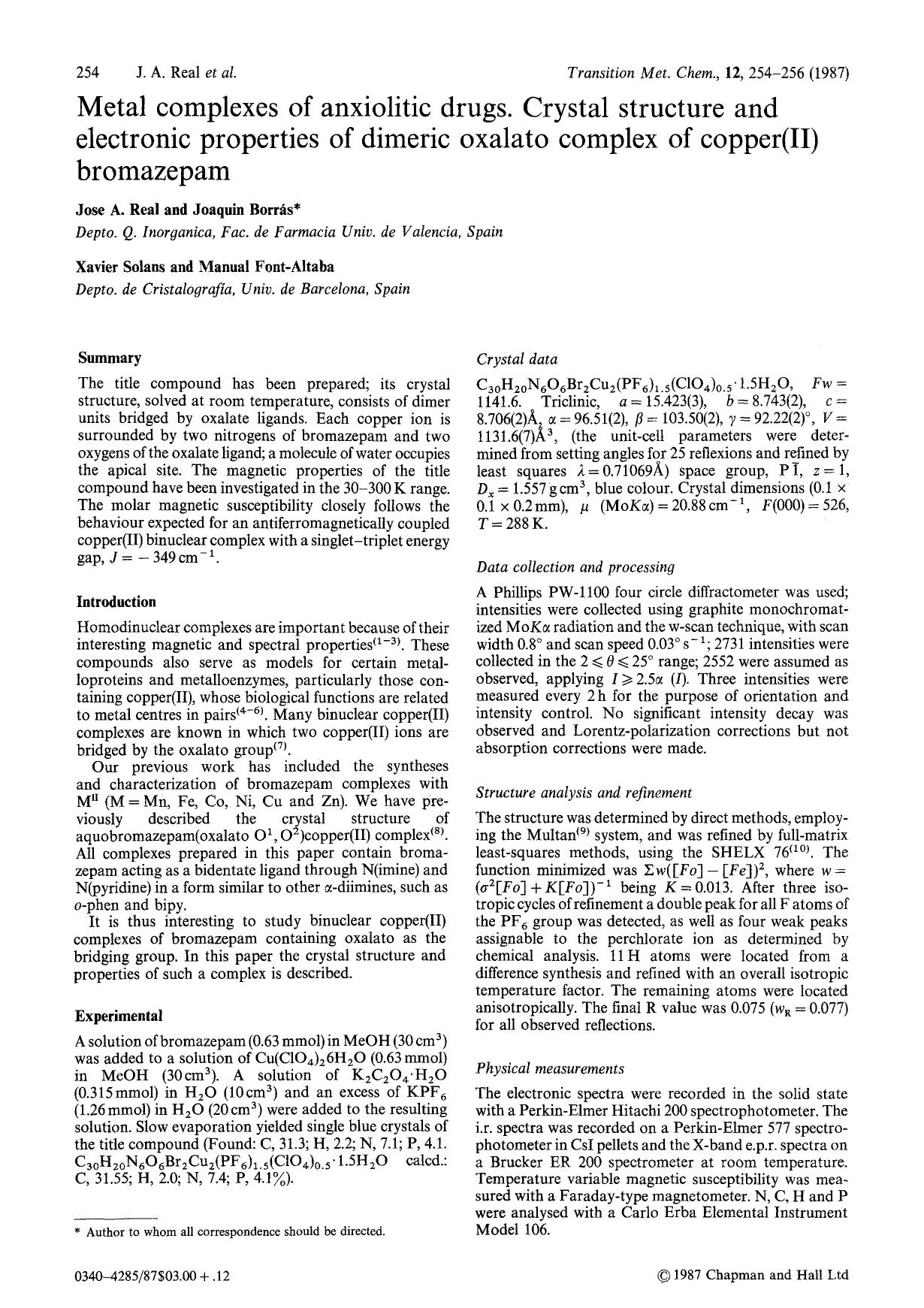 Metal complexes of anxiolitic drugs. Crystal structure and electronic properties of dimeric oxalato complex of copper(II) bromazepam by Unknown