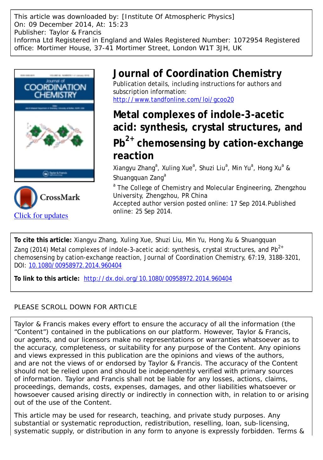 Metal complexes of indole-3-acetic acid: synthesis, crystal structures, and Pb2+ chemosensing by cation-exchange reaction by Xiangyu Zhang