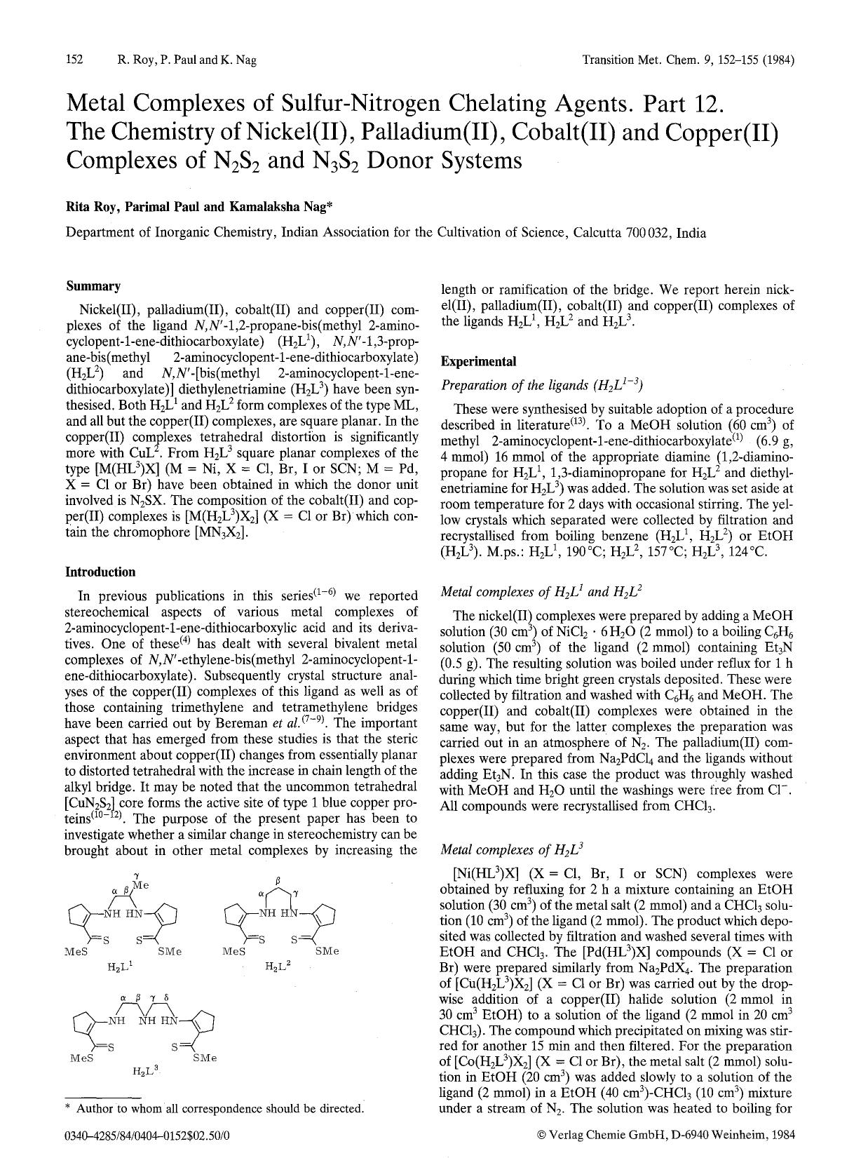 Metal complexes of sulfur-nitrogen chelating agents. Part 12. The chemistry of nickel(II), palladium(II), cobalt(II) and copper(II) complexes of N <Subscript>2 <Subscript>S <Subscr by Unknown