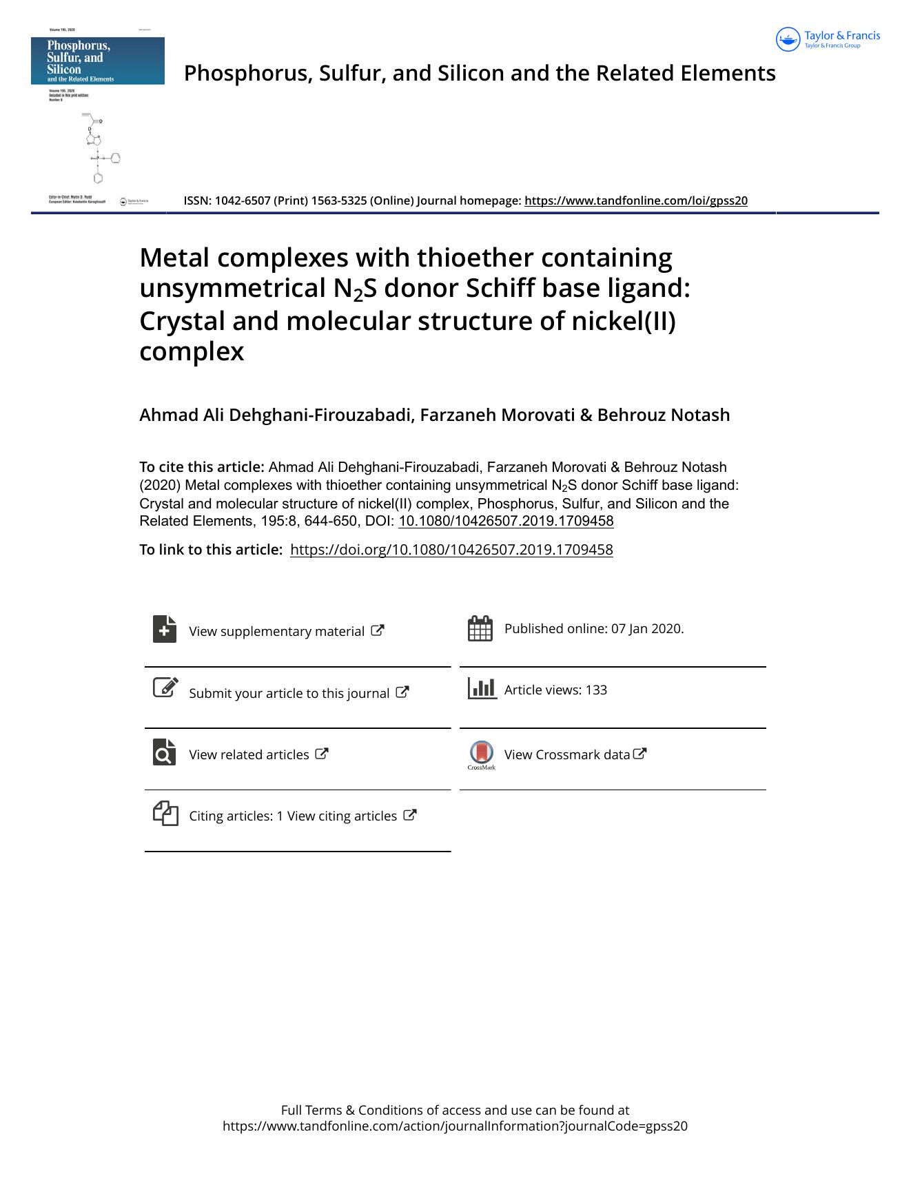 Metal complexes with thioether containing unsymmetrical N2S donor Schiff base ligand: Crystal and molecular structure of nickel(II) complex by Dehghani-Firouzabadi Ahmad Ali & Morovati Farzaneh & Notash Behrouz