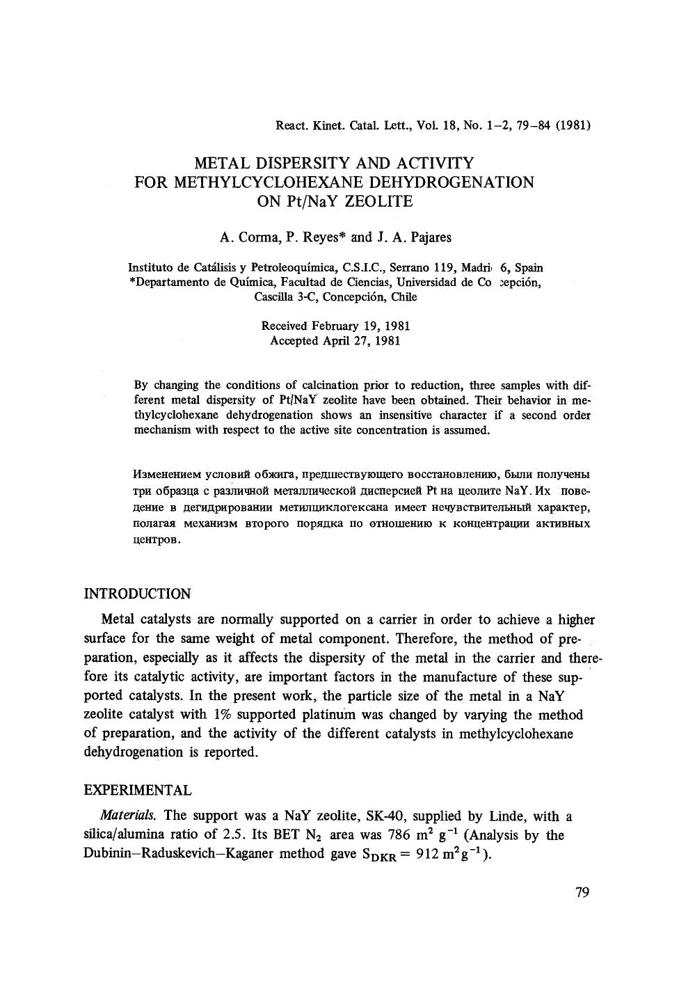 Metal dispersity and activity for methylcyclohexane dehydrogenation on PtNaY zeolite by Unknown