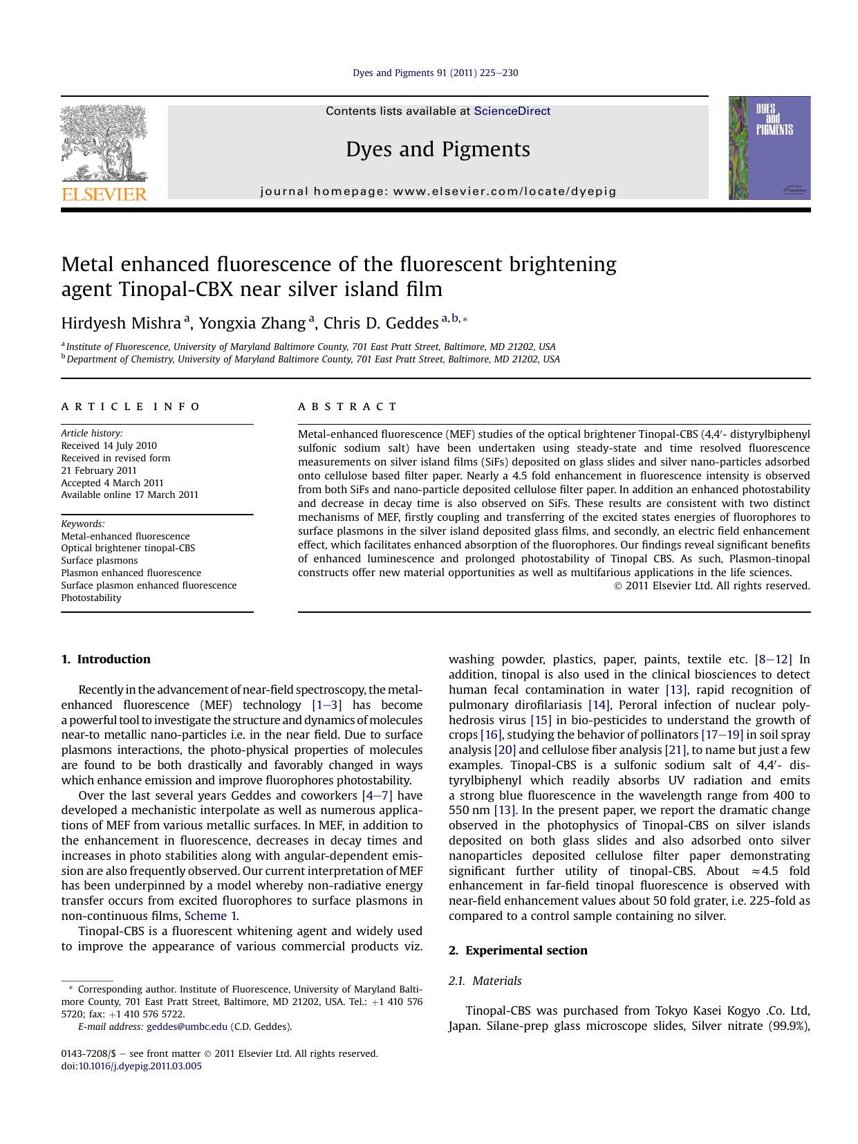 Metal enhanced fluorescence of the fluorescent brightening agent Tinopal-CBX near silver island film by Hirdyesh Mishra & Yongxia Zhang & Chris D. Geddes