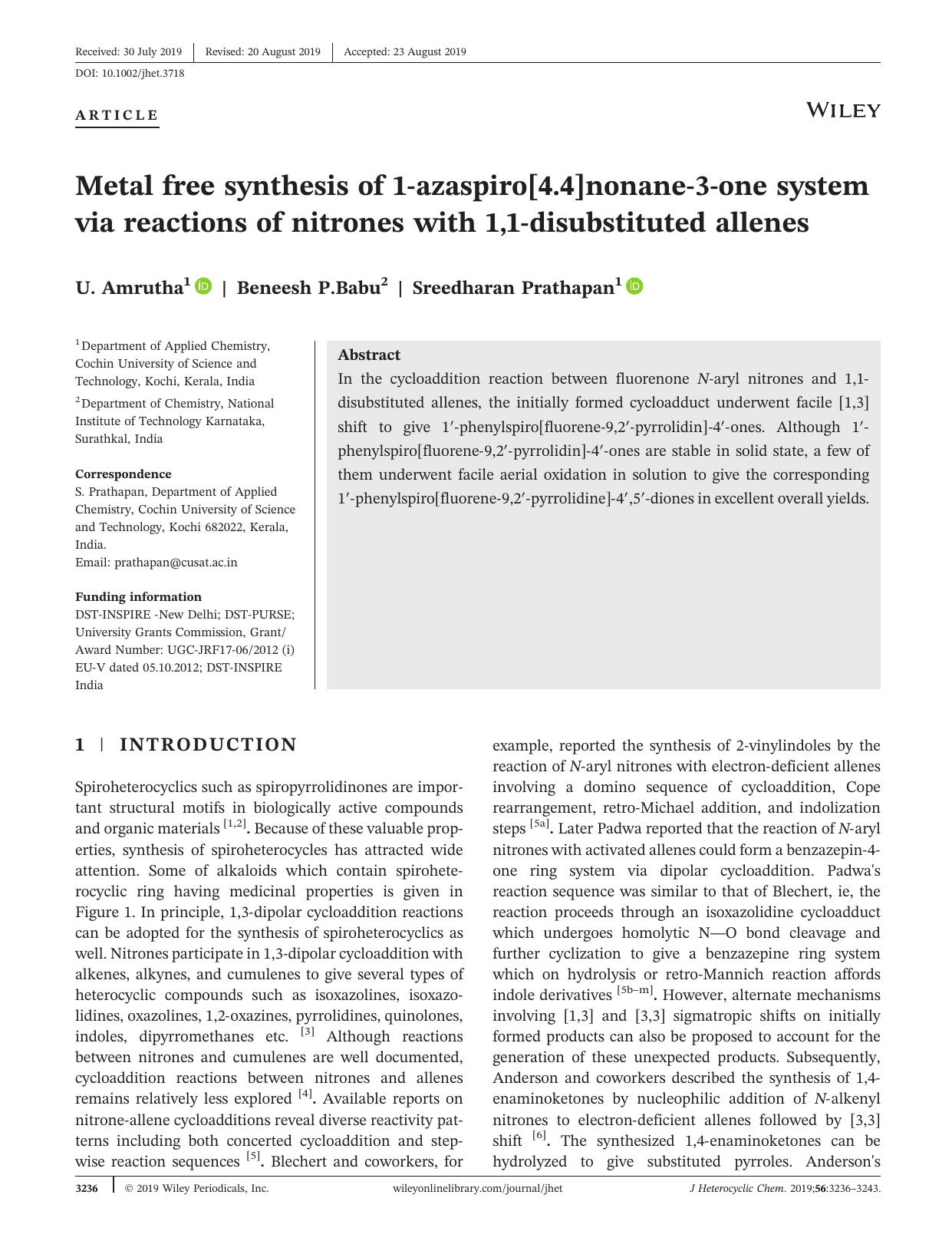 Metal free synthesis of 1âazaspiro[4.4]nonaneâ3âone system via reactions of nitrones with 1,1âdisubstituted allenes by U. Amrutha Beneesh P.Babu Sreedharan Prathapan