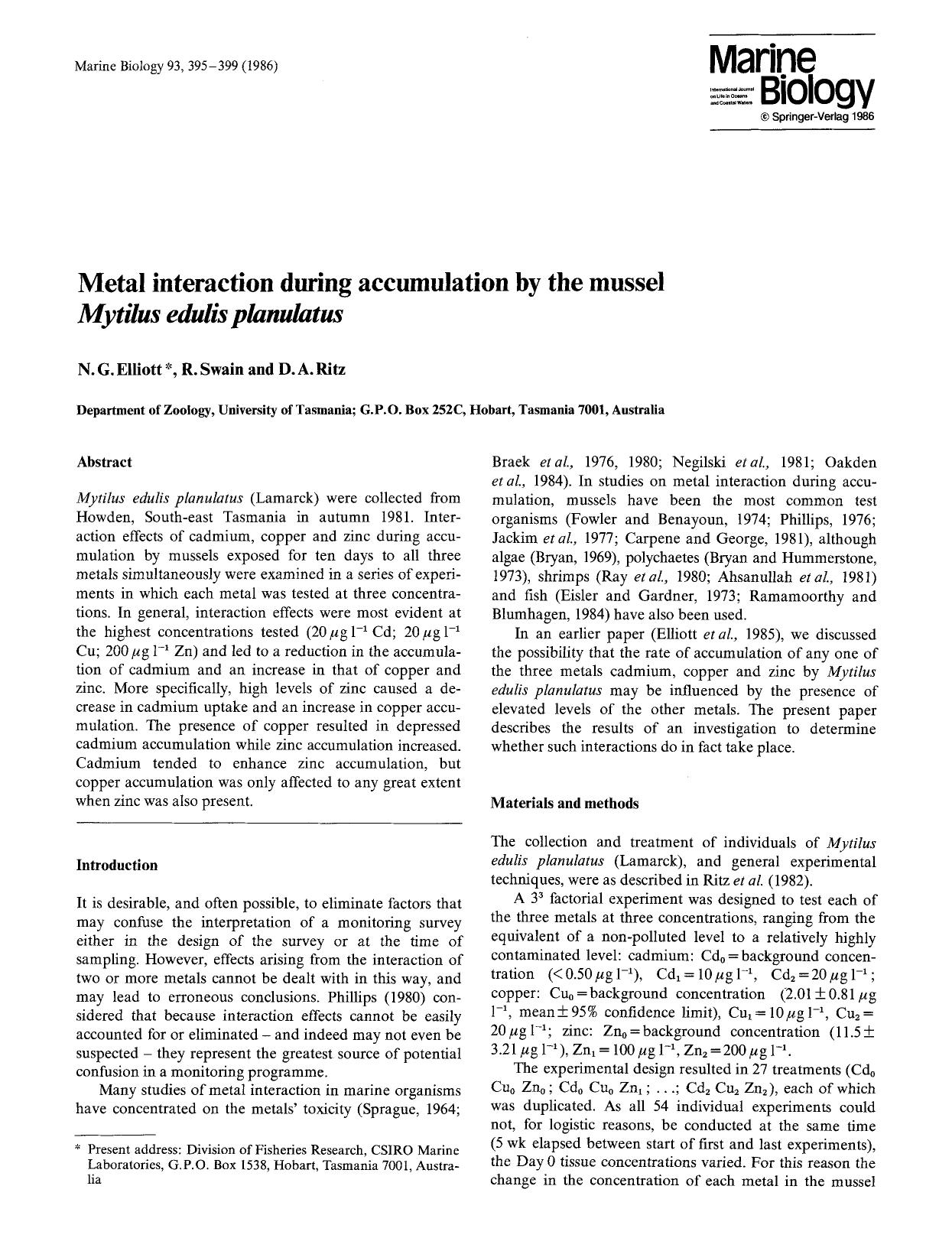 Metal interaction during accumulation by the mussel <Emphasis Type="Italic">Mytilus edulis planulatus<Emphasis> by Unknown