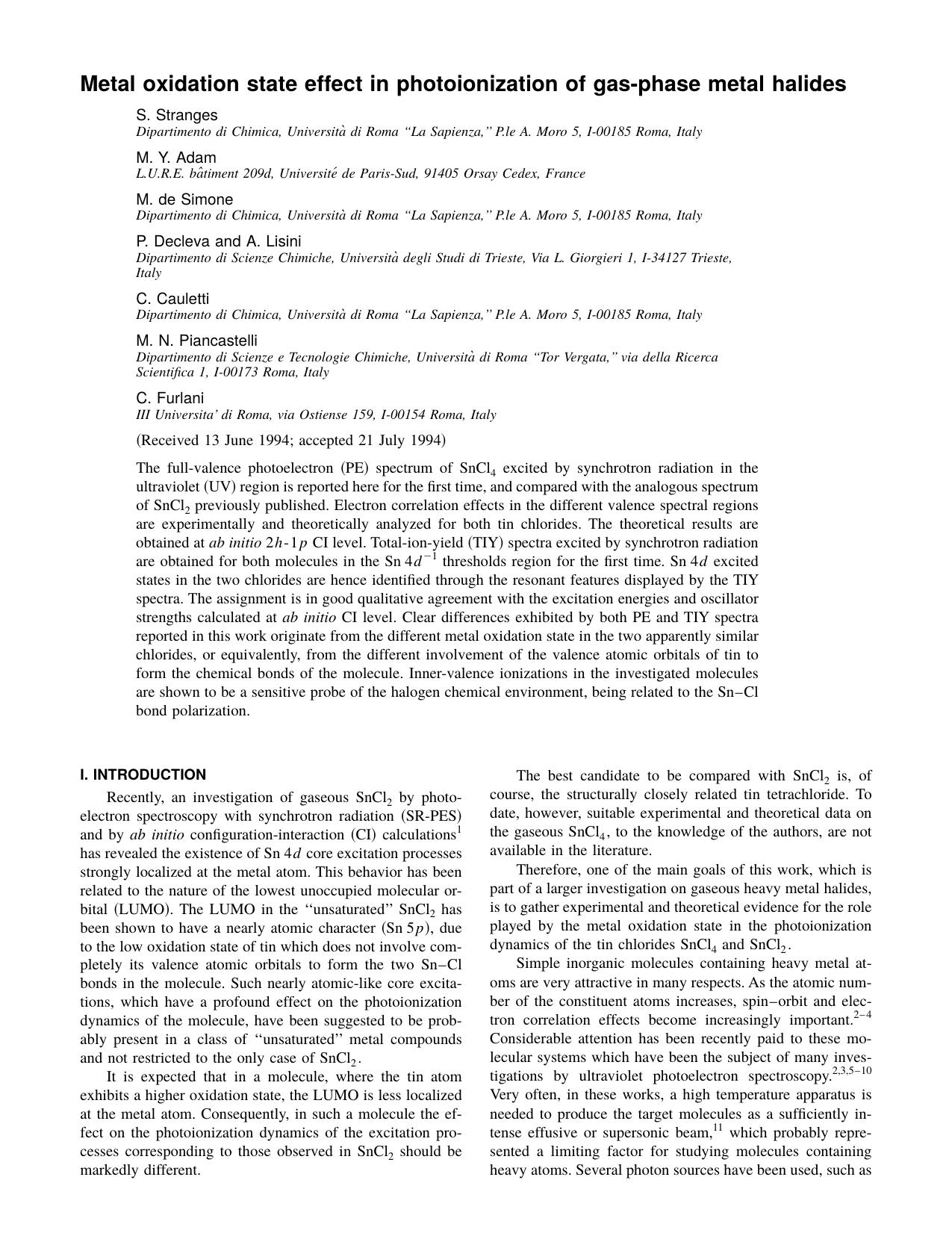 Metal oxidation state effect in photoionization of by S. Stranges & M. Y. Adam & M. de Simone & P. Decleva