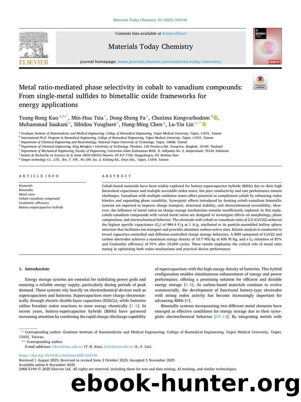 Metal ratio-mediated phase selectivity in cobalt to vanadium compounds: From single-metal sulfides to bimetallic oxide frameworks for energy applications by unknow