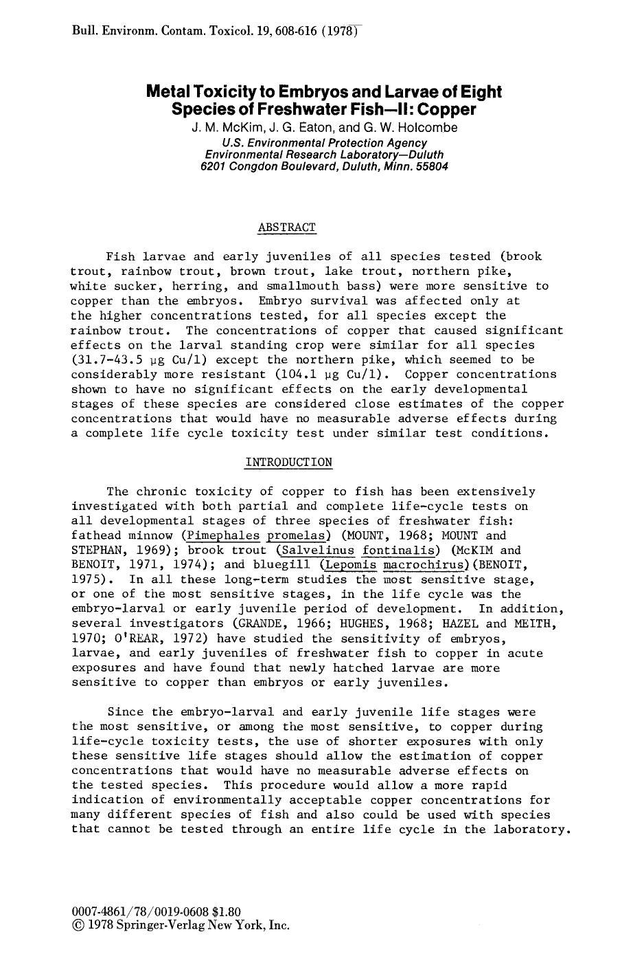 Metal toxicity to embryos and larvae of eight species of freshwater fish—II: Copper by Unknown