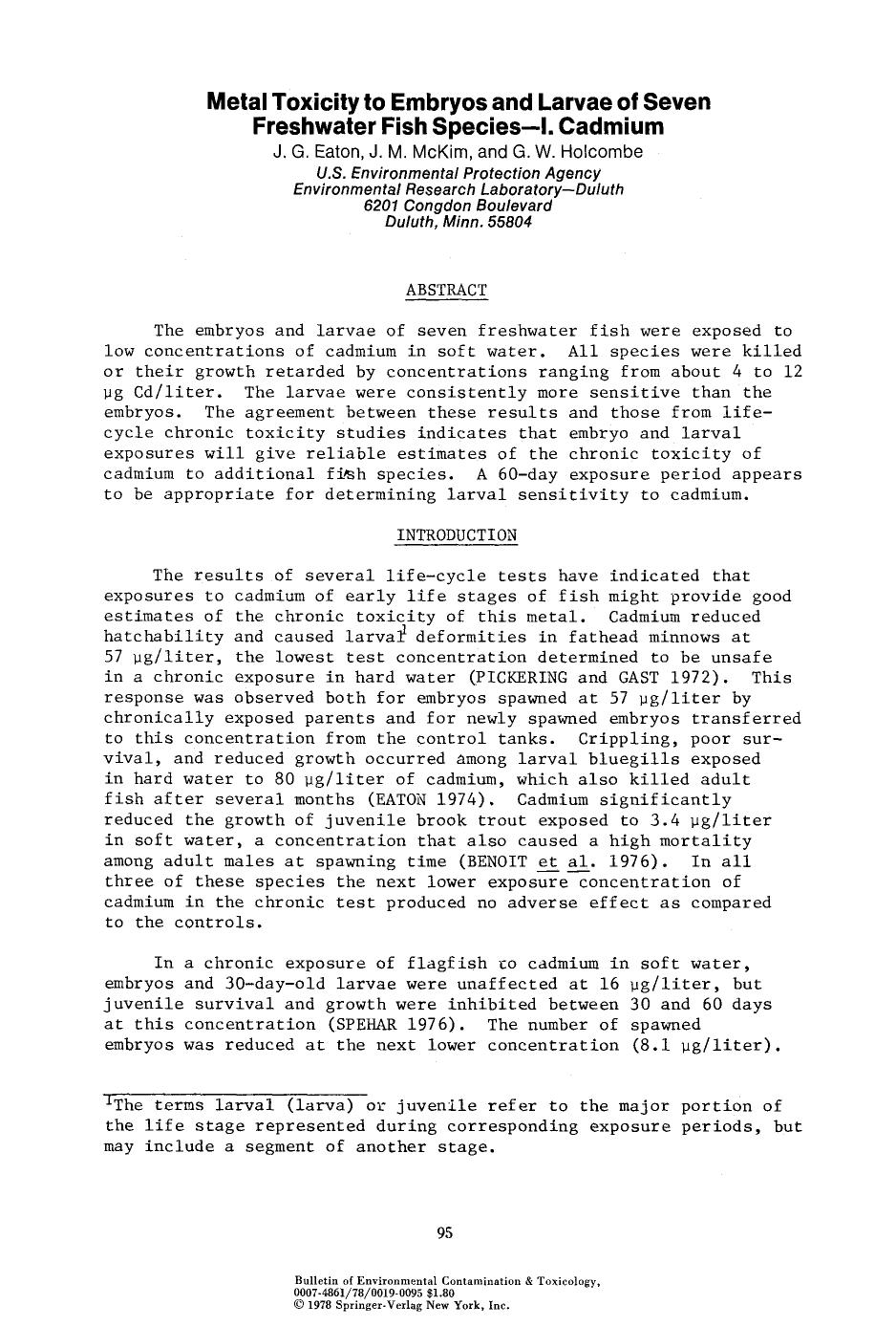 Metal toxicity to embryos and larvae of seven freshwater fish species—i. cadmium by Unknown