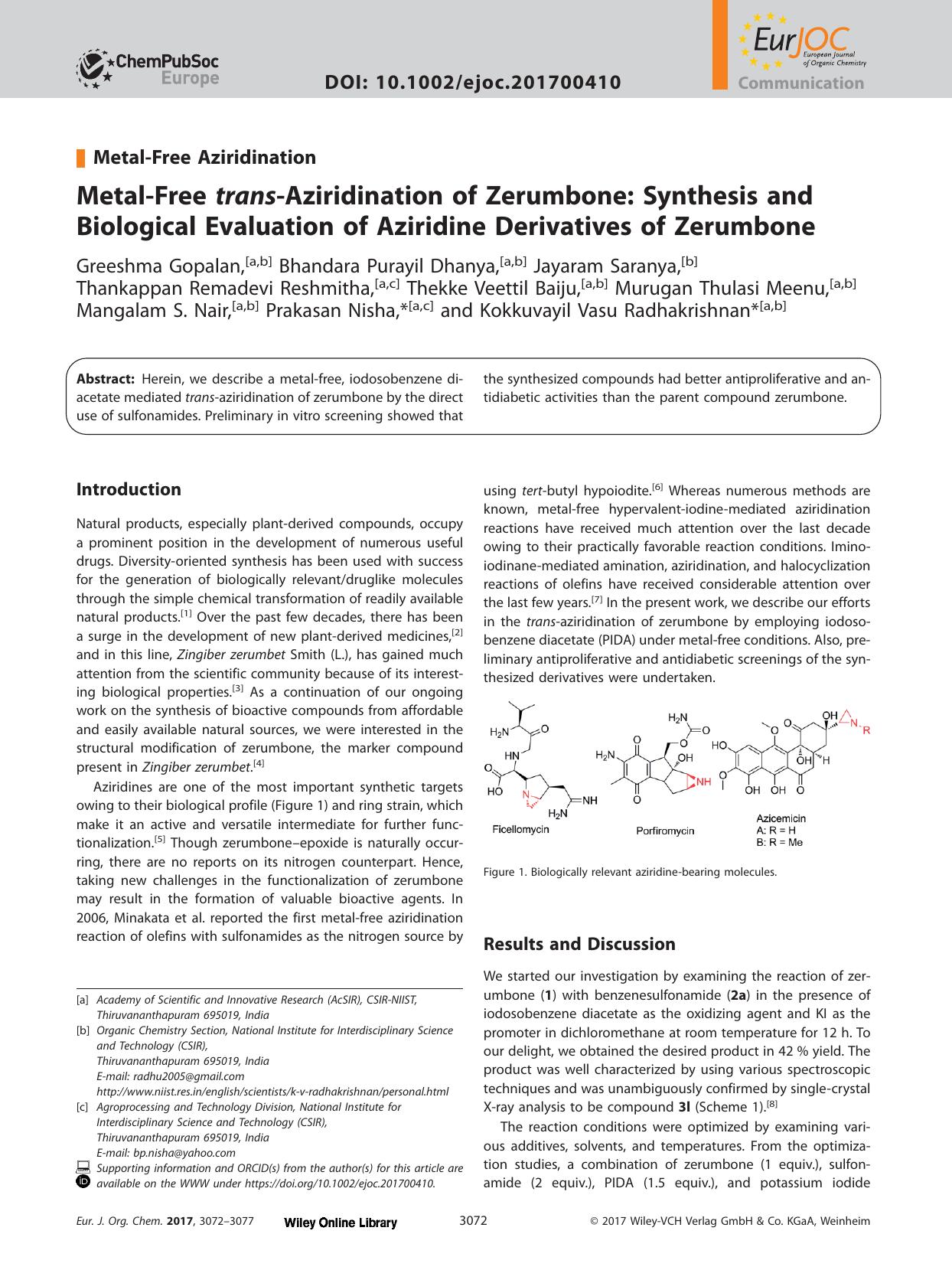 Metal‐Free <i>trans<i>‐Aziridination of Zerumbone: Synthesis and Biological Evaluation of Aziridine Derivatives of Zerumbone by Unknown