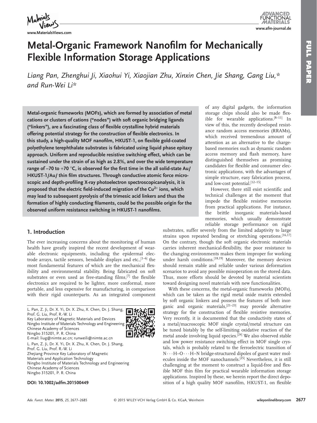 Metal&#x02010;Organic Framework Nanofilm for Mechanically Flexible Information Storage Applications by Unknown