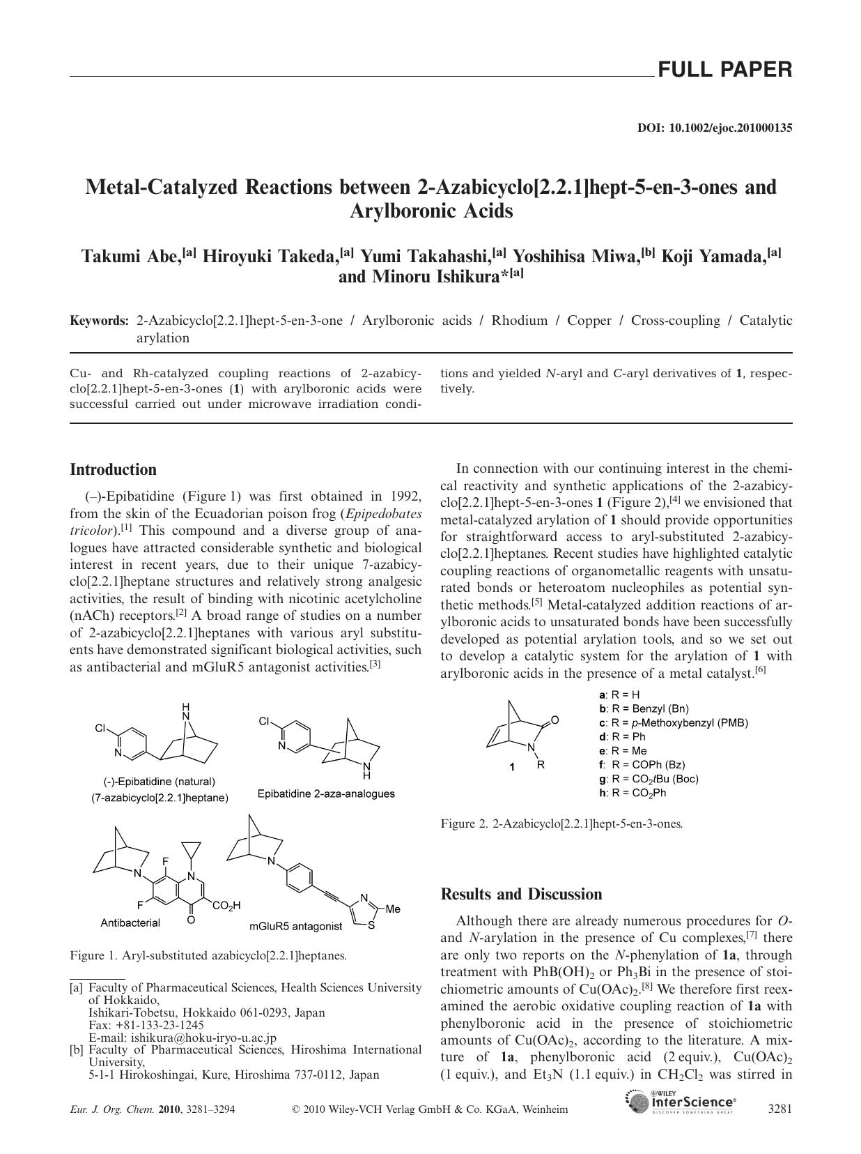 Metal?Catalyzed Reactions between 2?Azabicyclo[2.2.1]hept?5?en?3?ones and Arylboronic Acids by Unknown