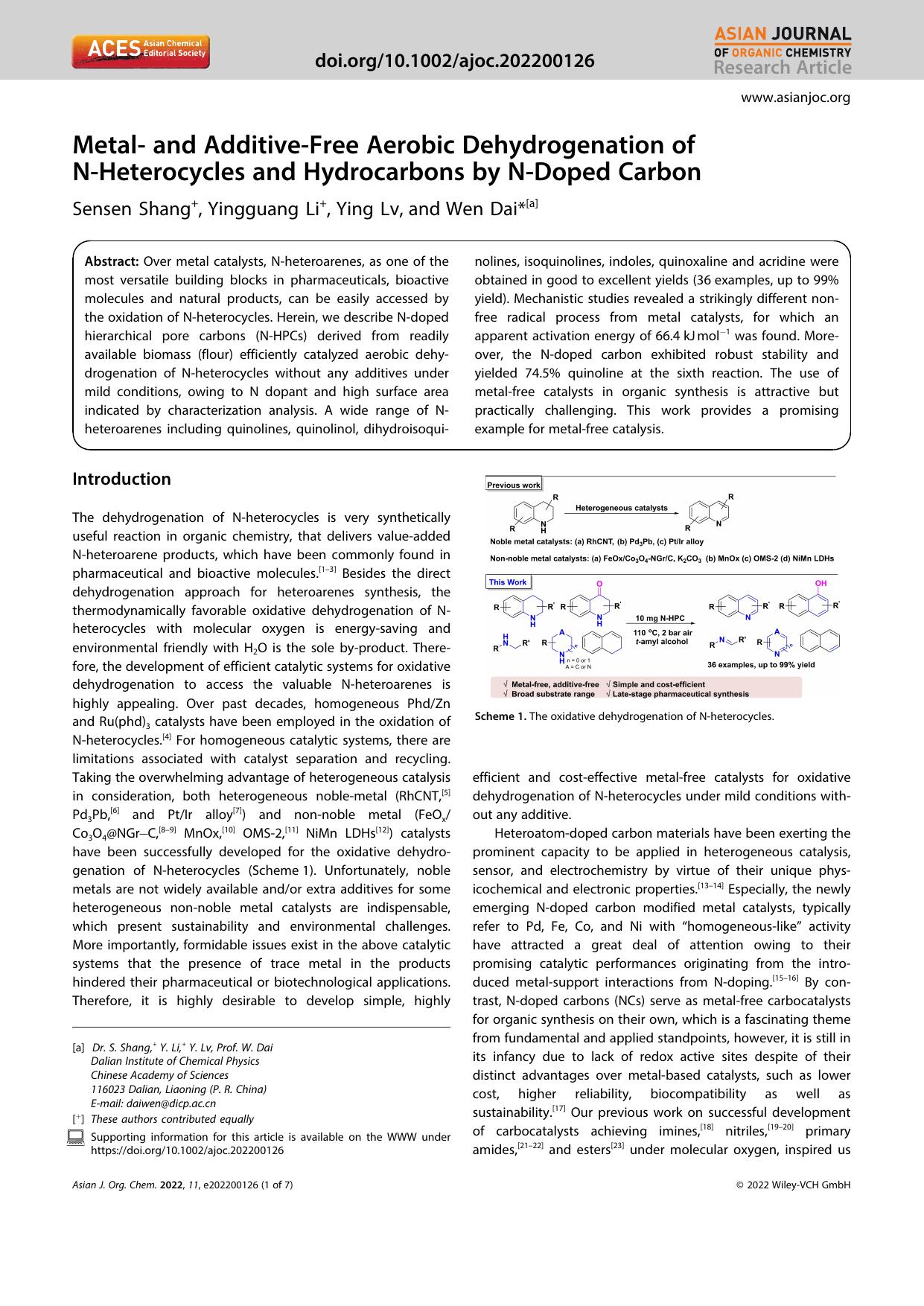 Metalâ and AdditiveâFree Aerobic Dehydrogenation of NâHeterocycles and Hydrocarbons by NâDoped Carbon by Unknown