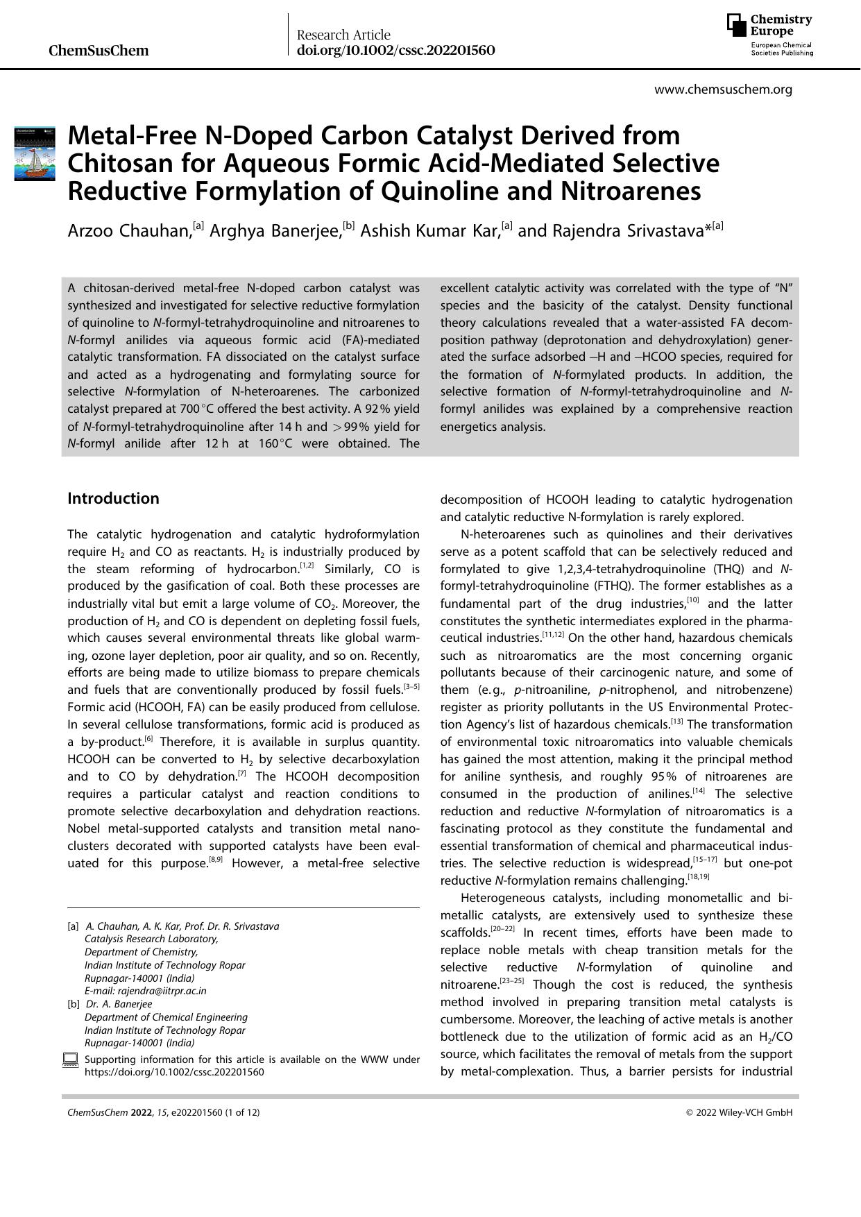 MetalâFree NâDoped Carbon Catalyst Derived from Chitosan for Aqueous Formic AcidâMediated Selective Reductive Formylation of Quinoline and Nitroarenes by Unknown