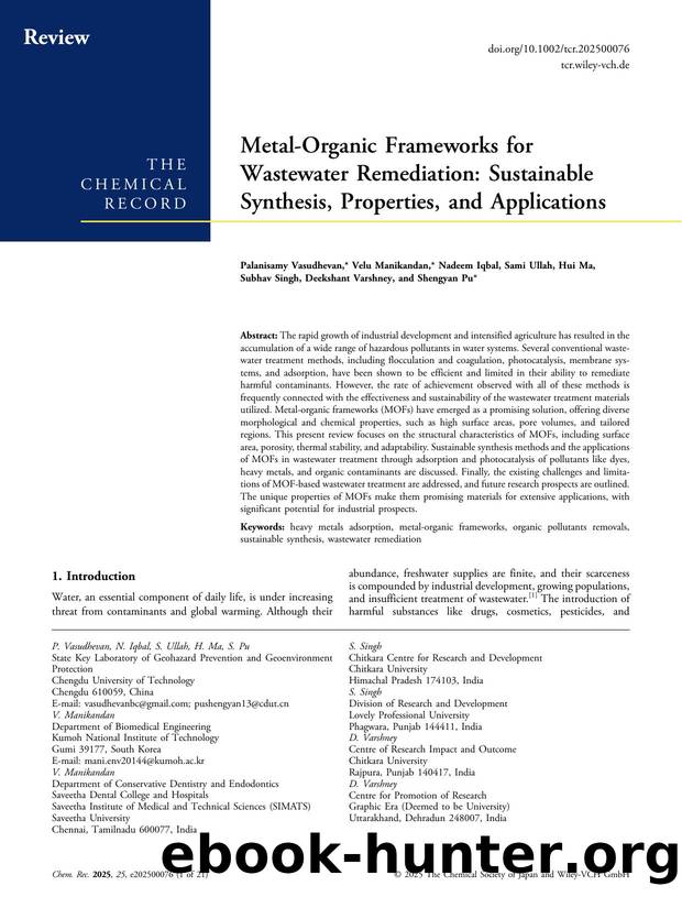 MetalâOrganic Frameworks for Wastewater Remediation: Sustainable Synthesis, Properties, and Applications by unknow