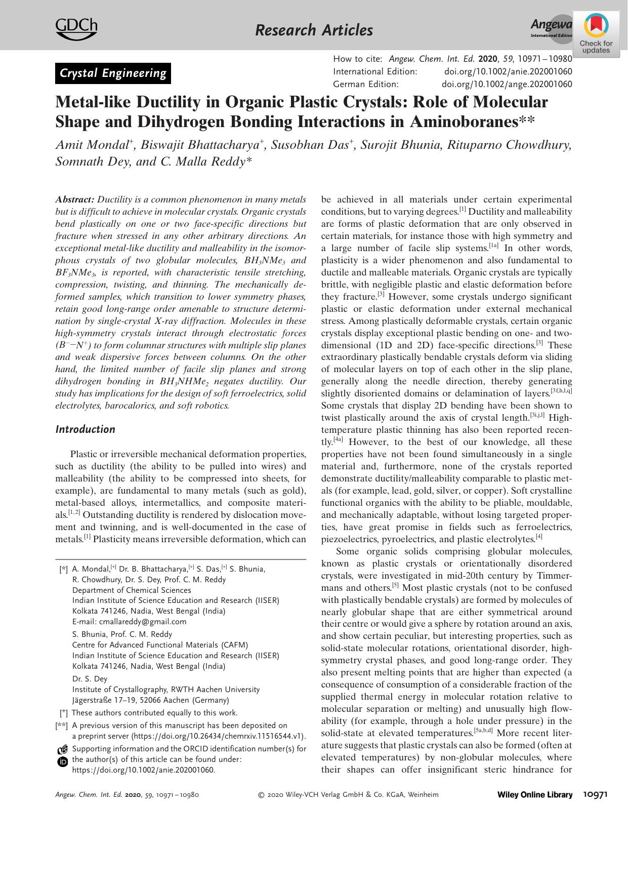 Metalâlike Ductility in Organic Plastic Crystals: Role of Molecular Shape and Dihydrogen Bonding Interactions in Aminoboranes by Unknown