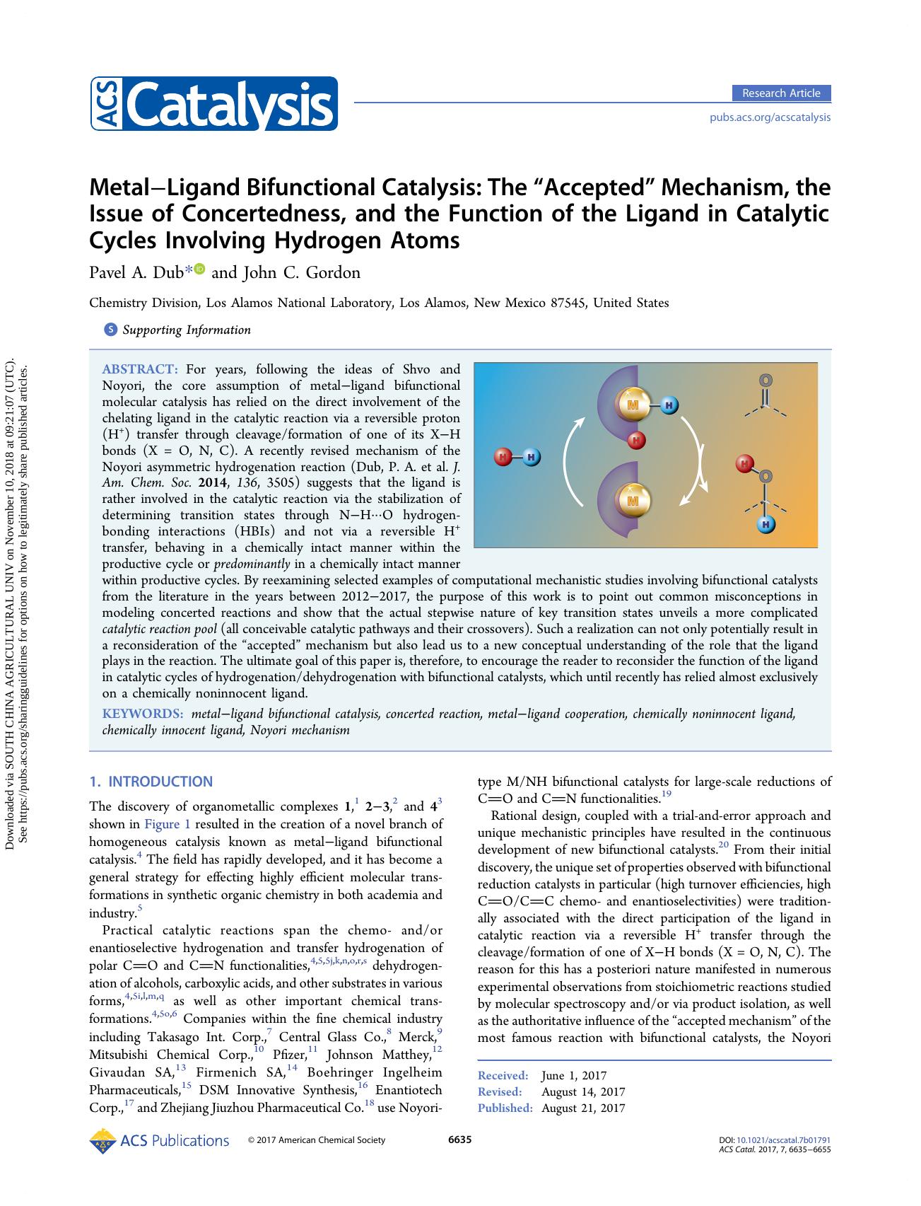 MetalâLigand Bifunctional Catalysis: The âAcceptedâ Mechanism, the Issue of Concertedness, and the Function of the Ligand in Catalytic Cycles Involving Hydrogen Atoms by Pavel A. Dub & John C. Gordon