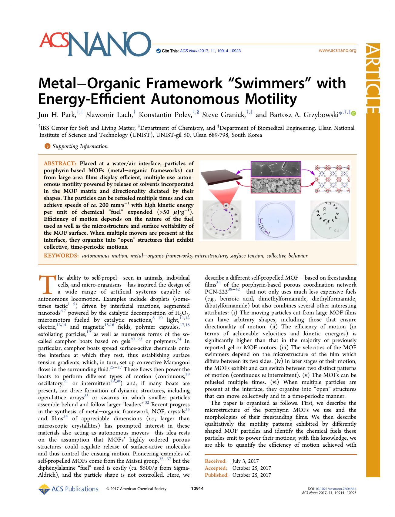 MetalâOrganic Framework âSwimmersâ with Energy-Efficient Autonomous Motility by Jun H. Park Slawomir Lach Konstantin Polev Steve Granick and Bartosz A. Grzybowski